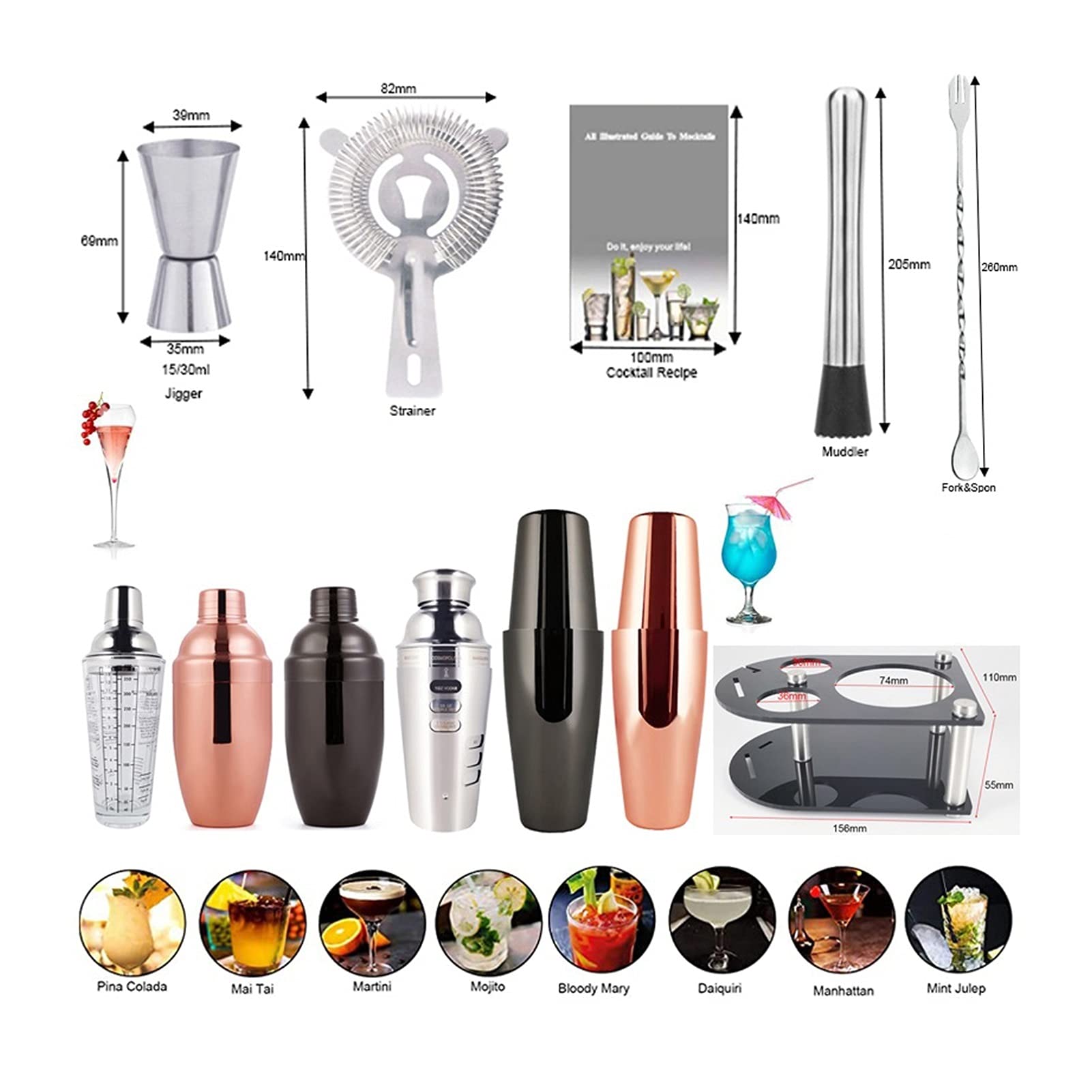 Juego de Coctelera 5-7 pieza Cocktail Shaker Set Steel Steel Barmer Kit Bar Herramienta Cuchara de vino Strainer Muddler Jigger Martini Bar Herramientas Agitador de Cócteles