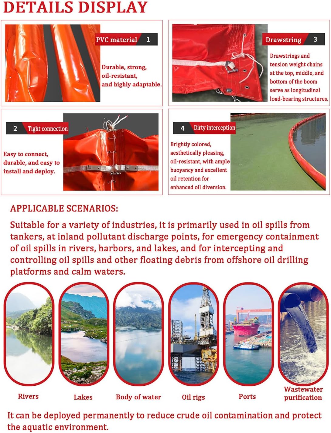 Heavy Duty Floating PVC Boom,Stable Floatation,Bright Colors Ensure Visibility,Oil Spill Booms for Pollution Control in Rivers,Lakes,and Discharge Outlets L:10m/32.8ft-H:75cm/29.5inch