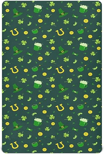 Kigai Sábana bajera ajustable para cuna para niños y niñas, sábana de punto de jersey de trébol del día de San Patricio para colchones estándar de
