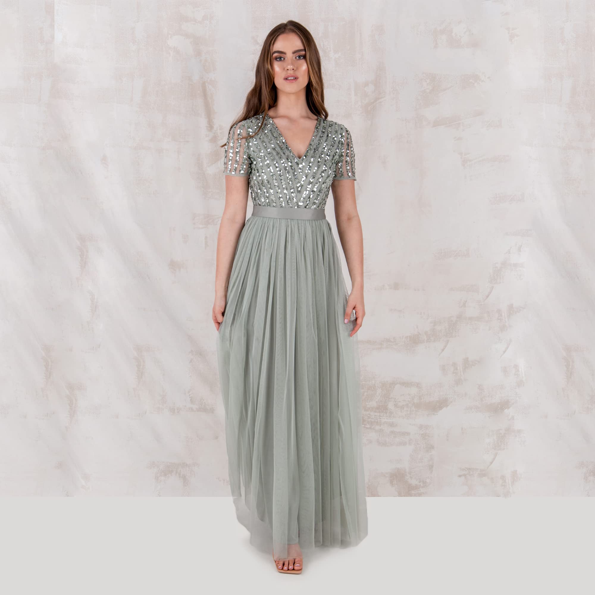 Maya Deluxe Maya Deluxe Taupe Blush Short Sleeve Stripe Bridesmaid Maxi Dress Vestido Formal Mujer