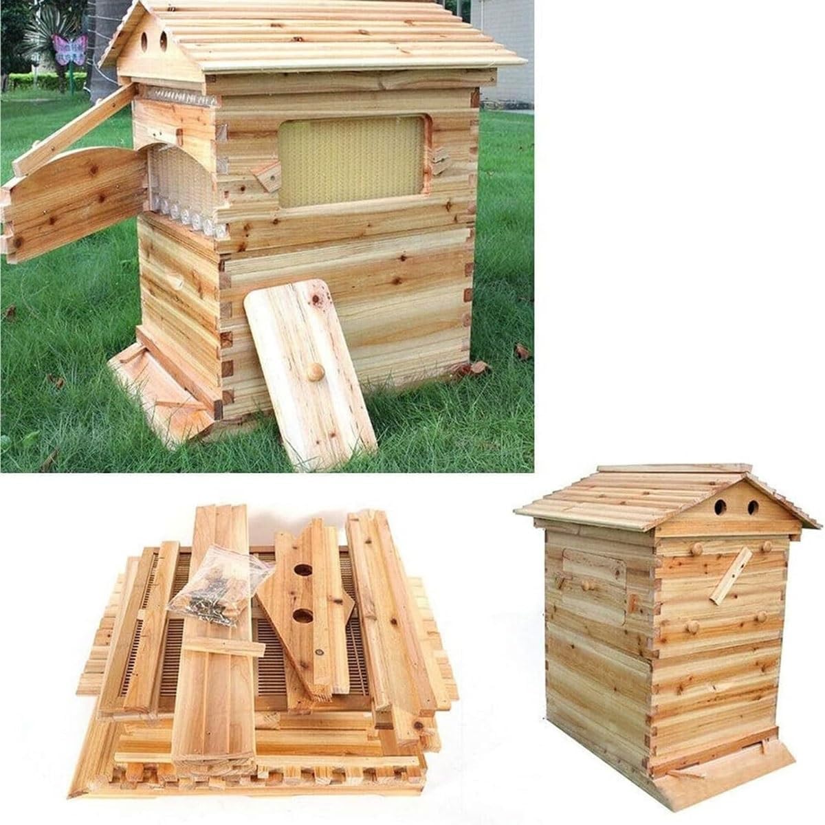 Beehive Starter Kit,Self-Flowing Wooden Bee Box with 7 Honeycomb Trays,Frame Complete Bee Box with Observation Window & Honey Spout,Carpenter Bee House,for Garden Pollinators