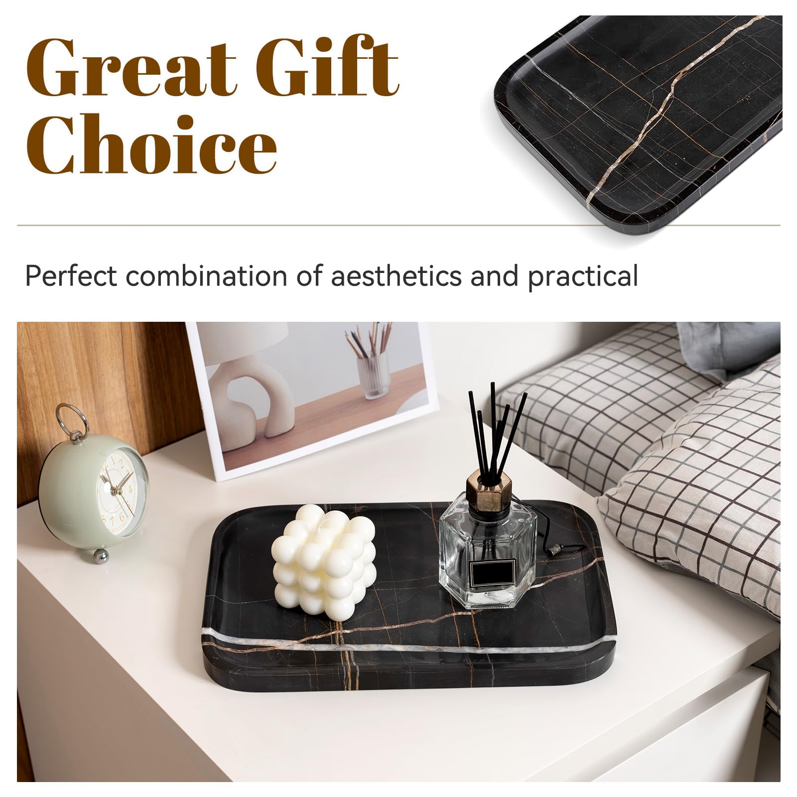 Koville Vassoio in marmo, 30,5 x 20,3 cm, organizer in marmo per piano di lavoro, bagno, cucina, comò, piatto decorativo rettangolare per gioielli, cosmetici, profumi, gingilli (nero)