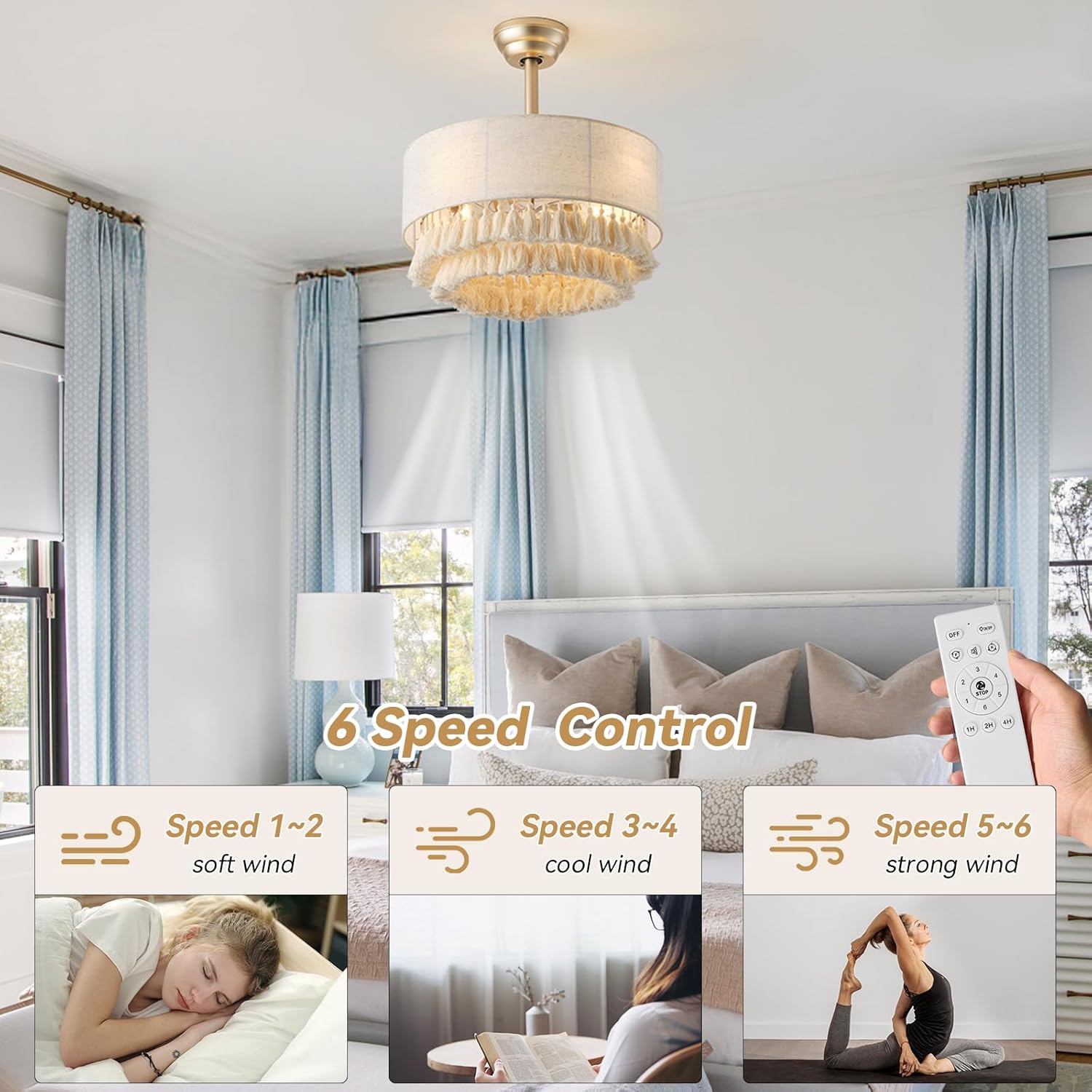 20" Gold Boho Fandelier Ceiling Fan with Light, Gold Boho Chandelier Ceiling Fans with Lights Remote Control, Caged 6-Speed for Bedroom, Nursery, Living Room