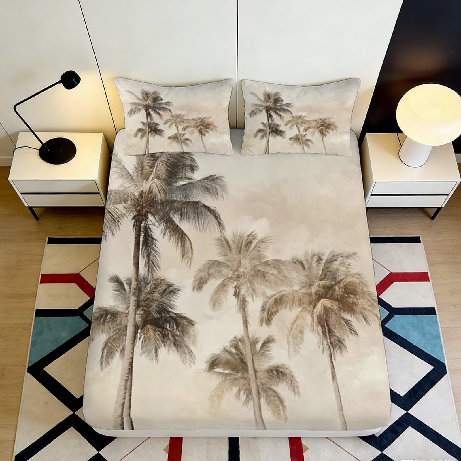 3D Printed Palm Tree Fitted Sheet Microfiber Deep Pocket Bedroom Bedding Palm Mattress Fitted Cover Elastic Hem Washable 200x200x25cm 90x200x25cm