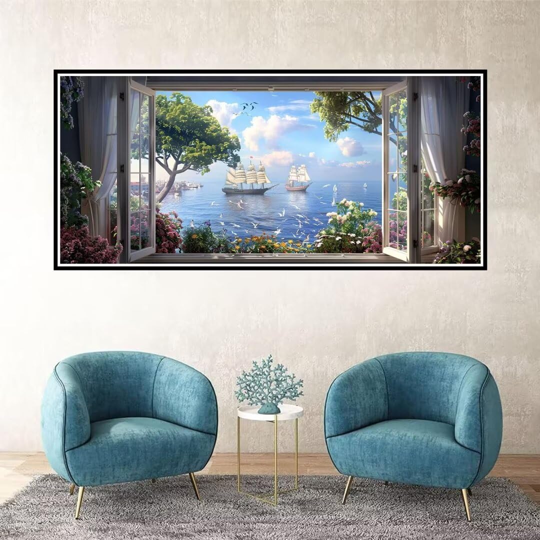 Fenster Diamond Painting Groß XXL 60x140cm, 5D Diamond Painting Landschaft, Full Diamond Painting Eckige Steine Bastelset Erwachsene, Malen Nach Zahlen Diamond Painting für Geschenke, Zimmer Deko W-2