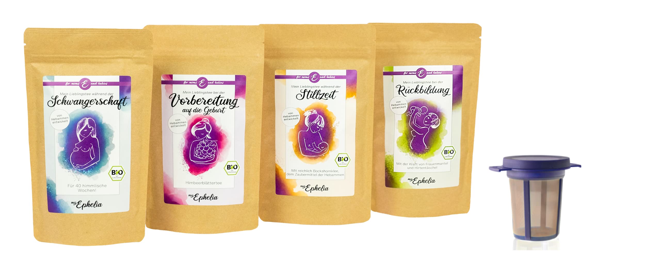 myEphelia Zestaw upominkowy składający się z 4 bio-herbaty + sitka, 100% ekologiczne, na narodziny, baby shower, ciąża, opracowany przez naszą położną (niebieski)