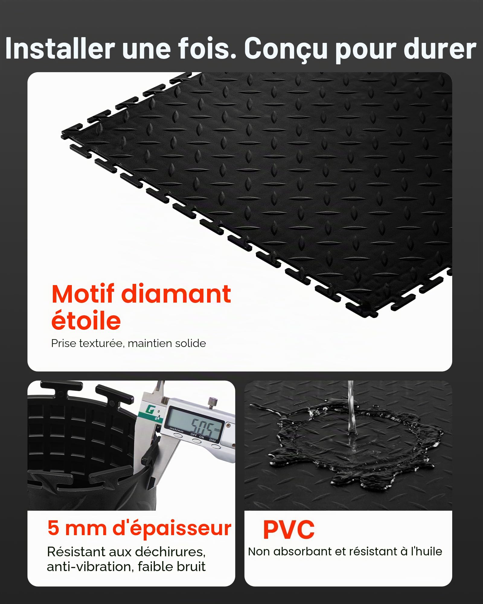 VEVOR Interlocking Garage Tiles Pack of 8 Modular Garage Flooring 513 x 513 x 5 mm, PVC Non-Slip Mats for Garages, Repair Workshops, Warehouses and Tool Rooms, Black