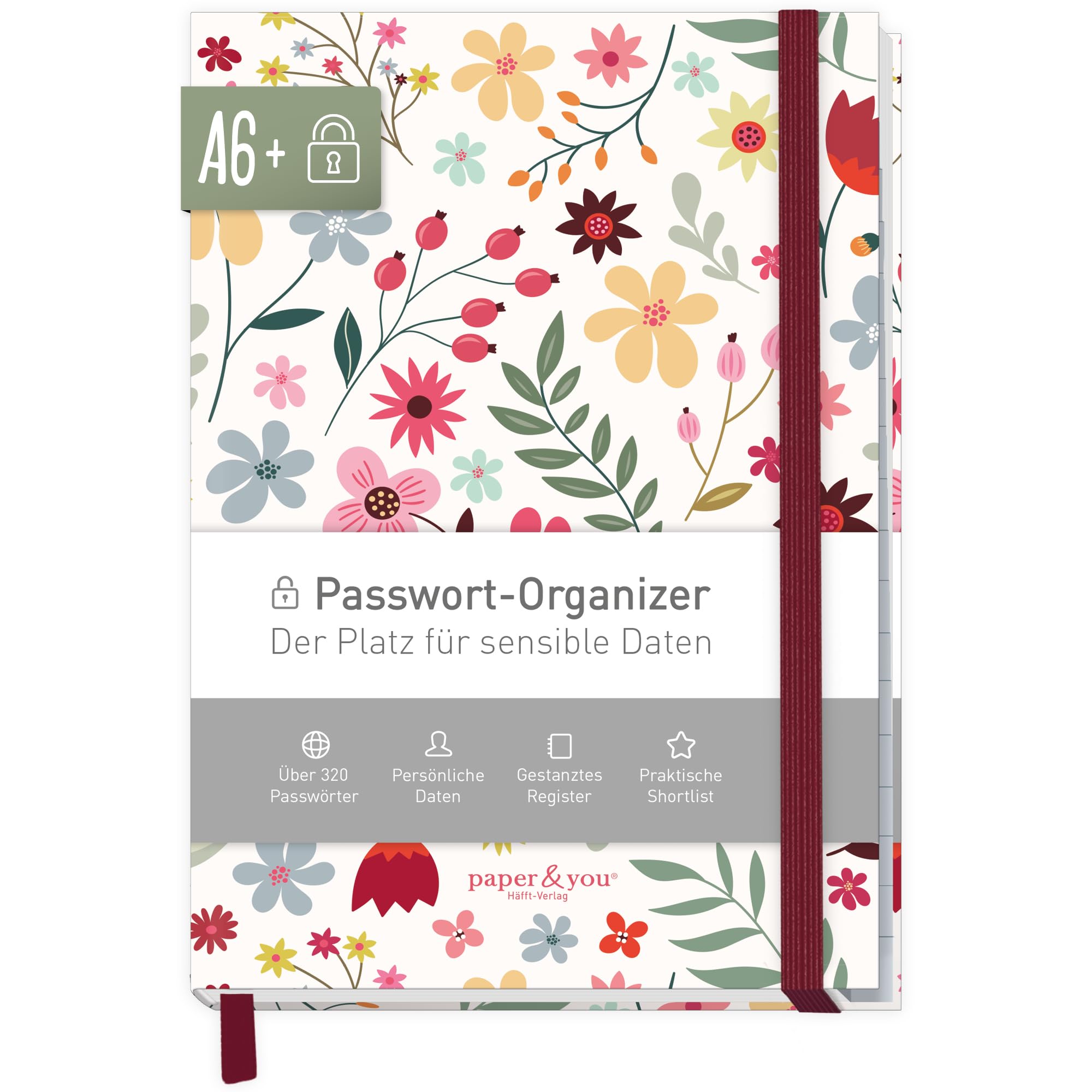 Livre de mots de passe A6+ Fleur sauvage avec onglet A-Z, gestionnaire de mots de passe durable