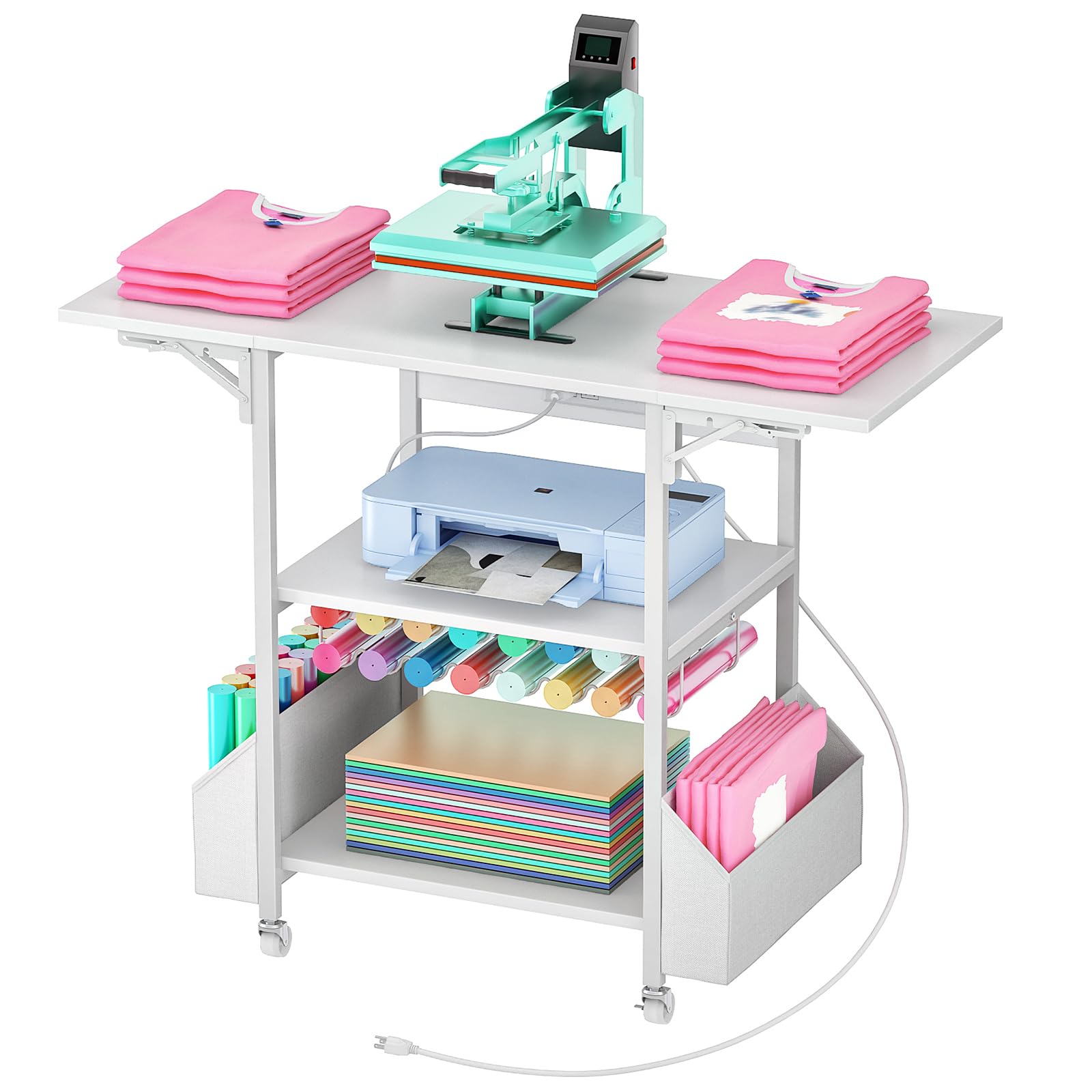 CHOEZON - Mesa de prensa de calor plegable con estación de carga, soporte de transferencia de calor móvil con portarrollos de vinilo y bolsillos de almacenamiento, banco de trabajo móvil para transferencia de sublimación DIY, blanco TPS03UWB