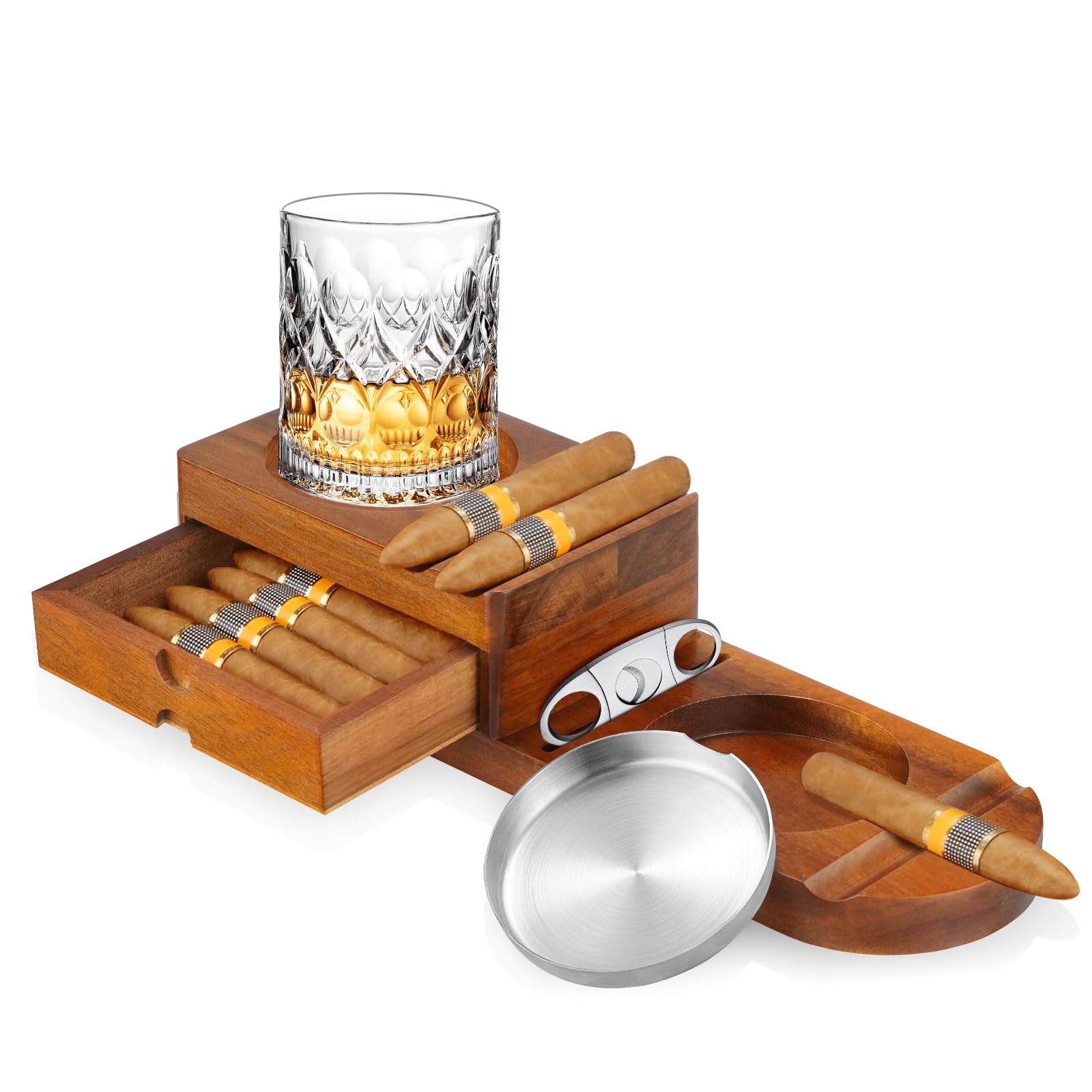 CIGARFEAST Ashtray Coaster Whiskey Glass Tray & Wooden Ash Tray with Cigar Cutter,Include Drawer and Cigar Slot Home Office Outdoor Great Cigar Accessories for Men
