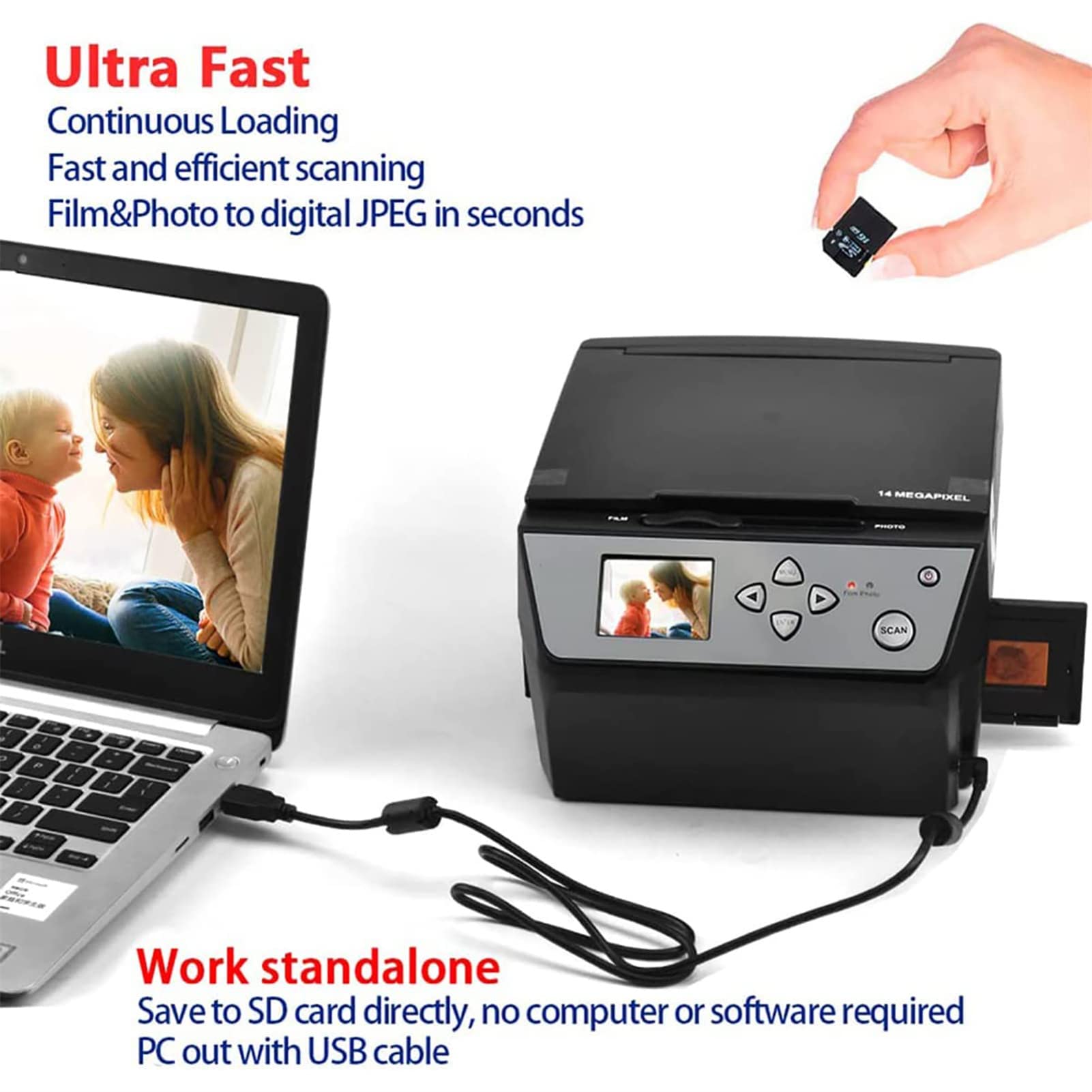 Scanner de film numérique et de diapositives, scanner multifonction de film 22 MP convertit une carte de visite de document photo 135/35 mm 110 diapositives en fichiers JPG numériques HD