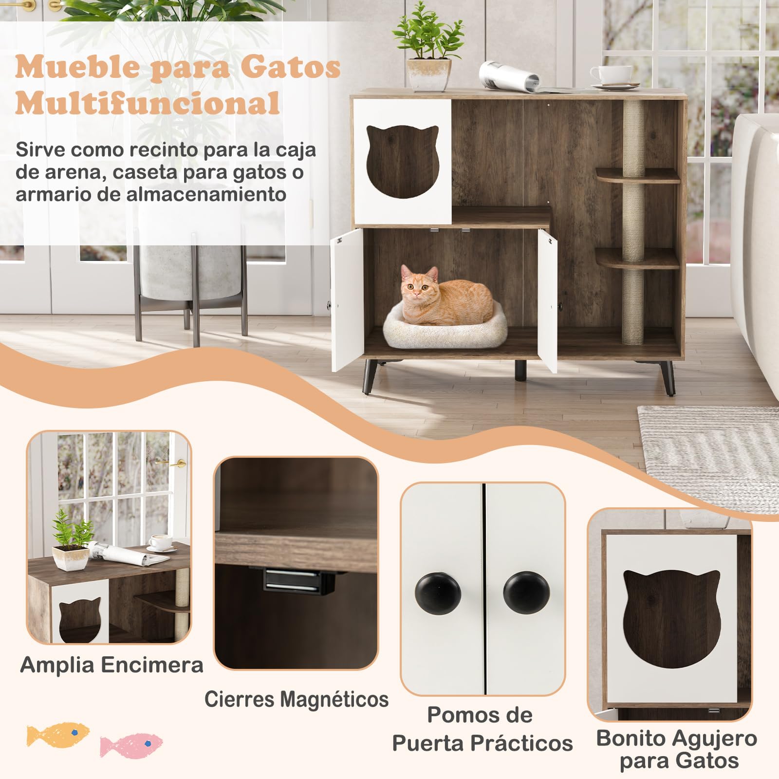 COSTWAY Mueble Arenero para Gatos con 3 Postes Rascadores de Sisal, Condominio para Gatos, Mueble para Caja de Arena 5 en 1 con Baño Oculto para Gato, Carga 30 kg, Gris y Blanco