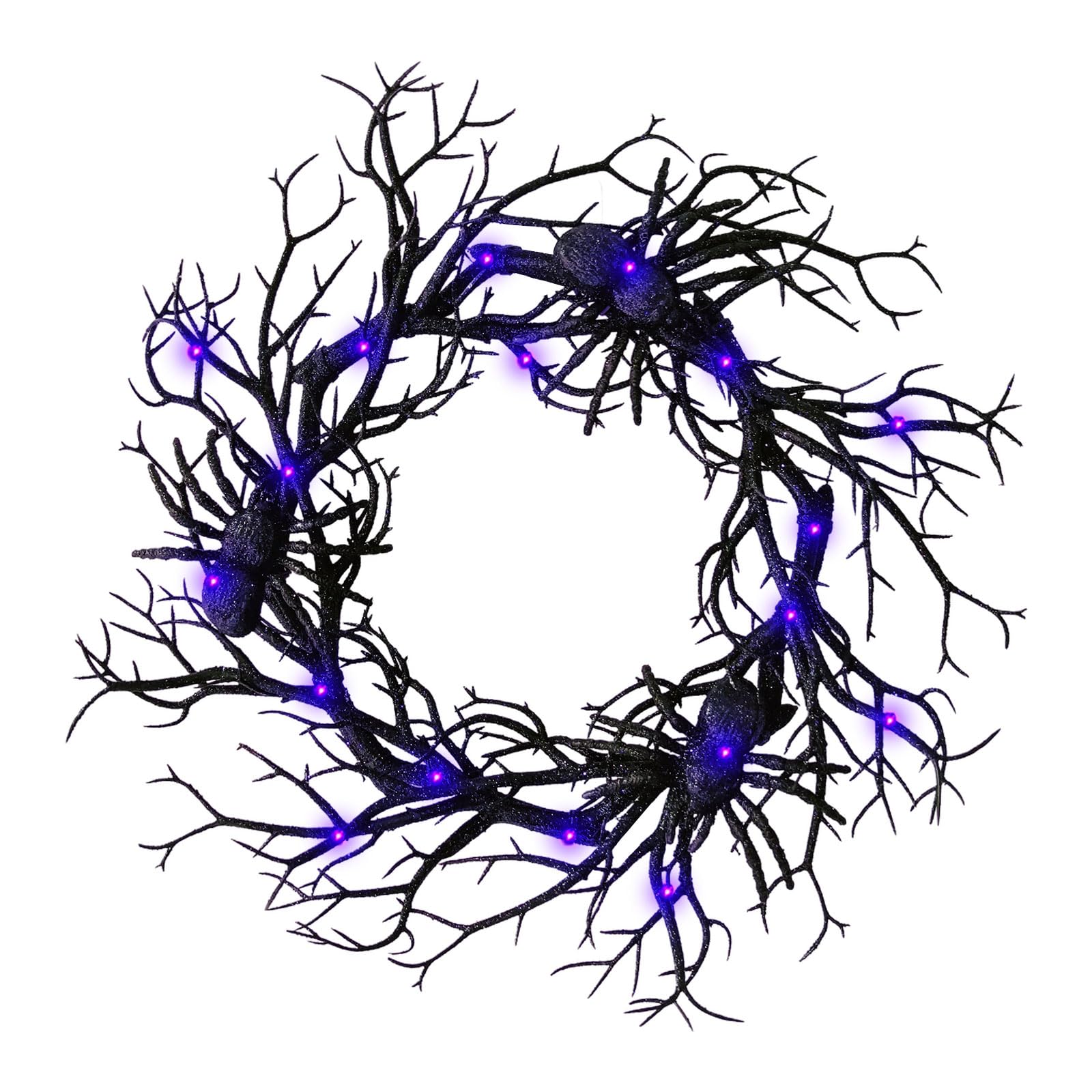 Artificial Halloween Black Branch Wreath with Spider,Handcrafted Halloween Horror Wreath Sparkling Hanging Decorations for Indoor Outdoor Party Window Wall Decor Farmhouse Garland Yard (Purple)