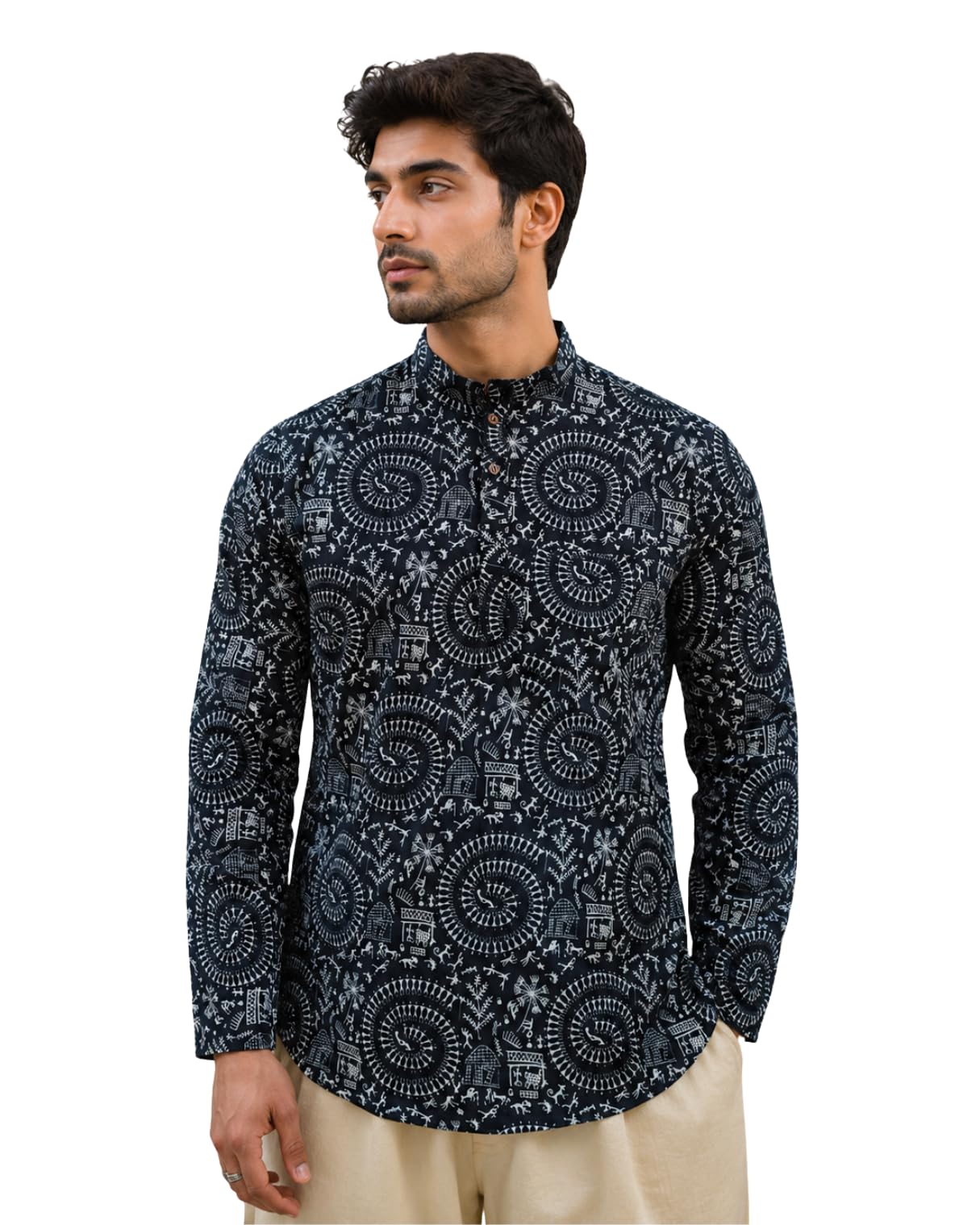 Men's Cotton Warli Tribal Print Kurta | Full Sleeve Mandarin Collar Ethnic Wear | Traditional Printed Short Kurta for Men | Festive, Casual-picture-17