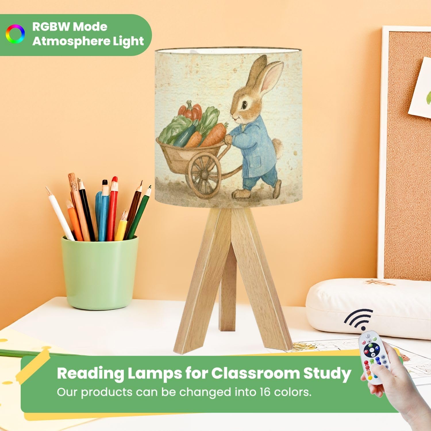 Cute Kids Bedside Desk Table Lamp Seamless Pattern Childrens Illustrations Rabbit Autumn Wheelbarrow Children Nightstand Lamp, Tripod Small Night Lights Linen for Nursery Room Bedroom Dorm Decor