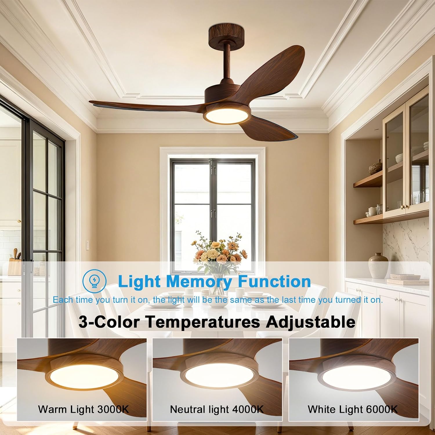 Low Profile Ceiling Fan with LED Light Modern Indoor Ceiling Fan Light 6-Speeds Quiet Ceiling Fan with Remote Control, 3 ABS Blades for Bedroom Living Room Dining Room