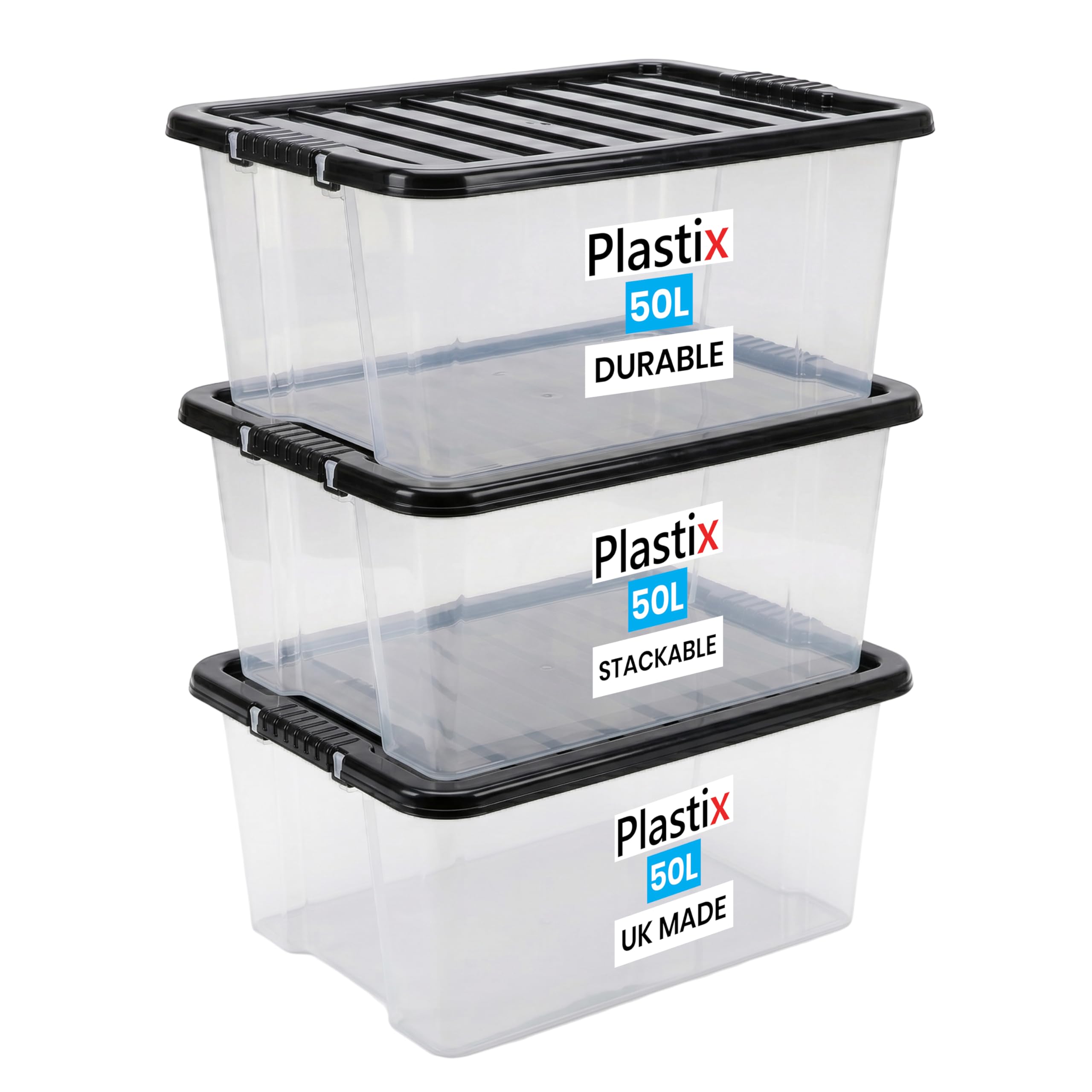 Plastix Clear Plastic Storage Box Boxes With Black Lids Home Office Stackable UK Made (3, 50L)