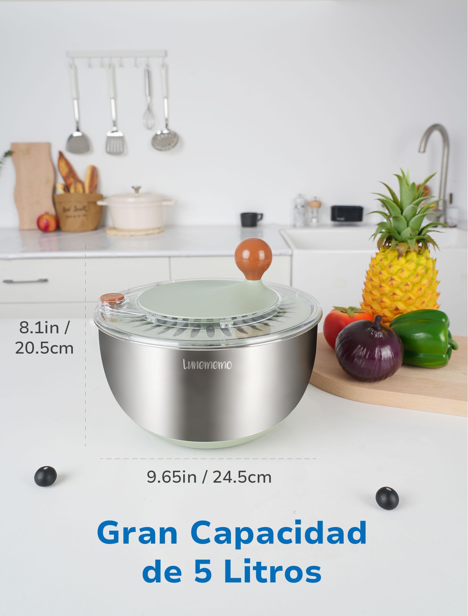 Lunememo Centrifugador Lechuga Acero Inoxidable 18/10, Escurridor Ensalada con Salida de Drenaje, Base Antideslizante, Botón de Parada, Sin BPA, 5L