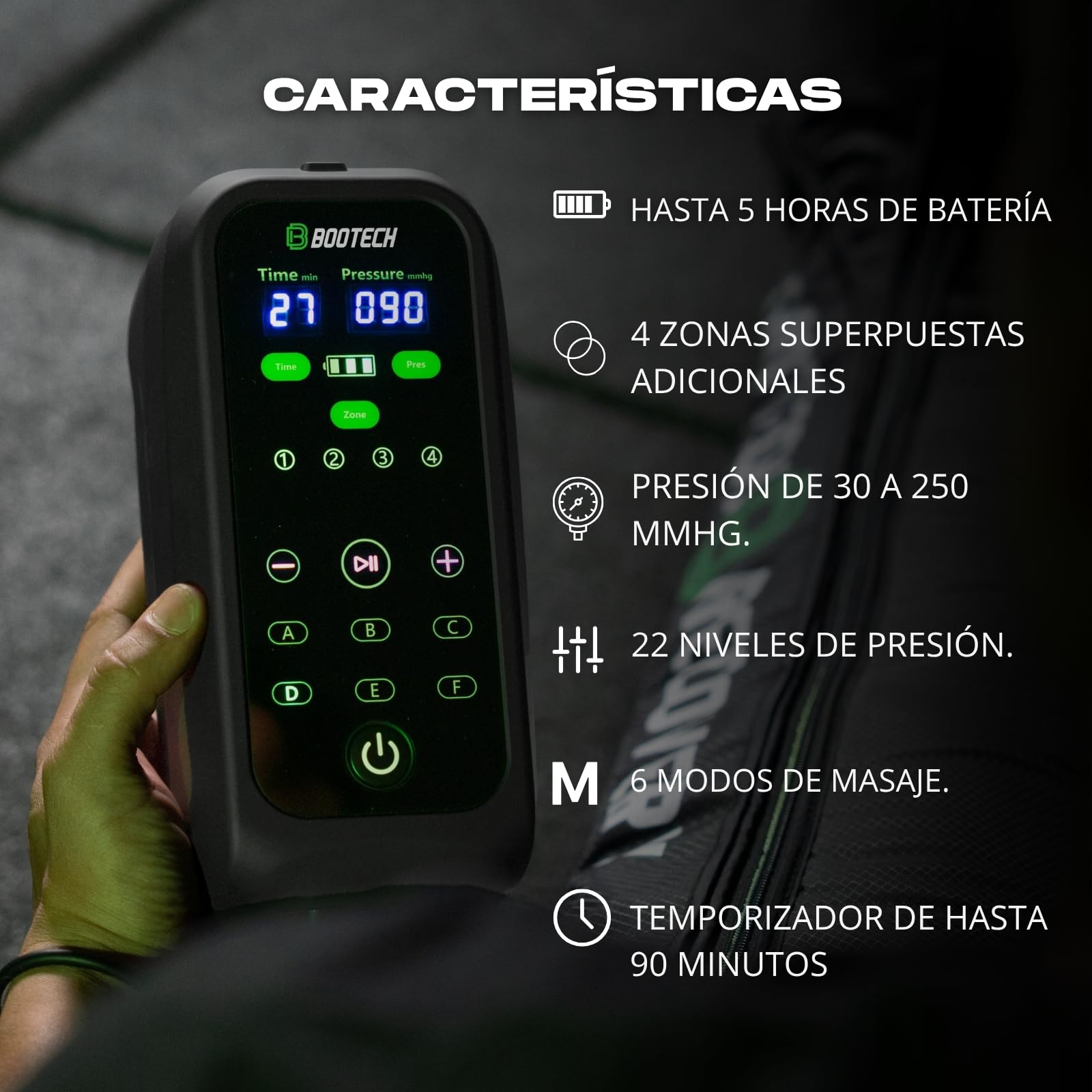 BOOTECH Presoterapia Premium Recargable para Casa, Masajeador de Piernas Cansadas, Mejora la Circulación, Recuperación Muscular Drenaje Linfático Celulitis Automia Bateria 5H, Sin Mochila (M)