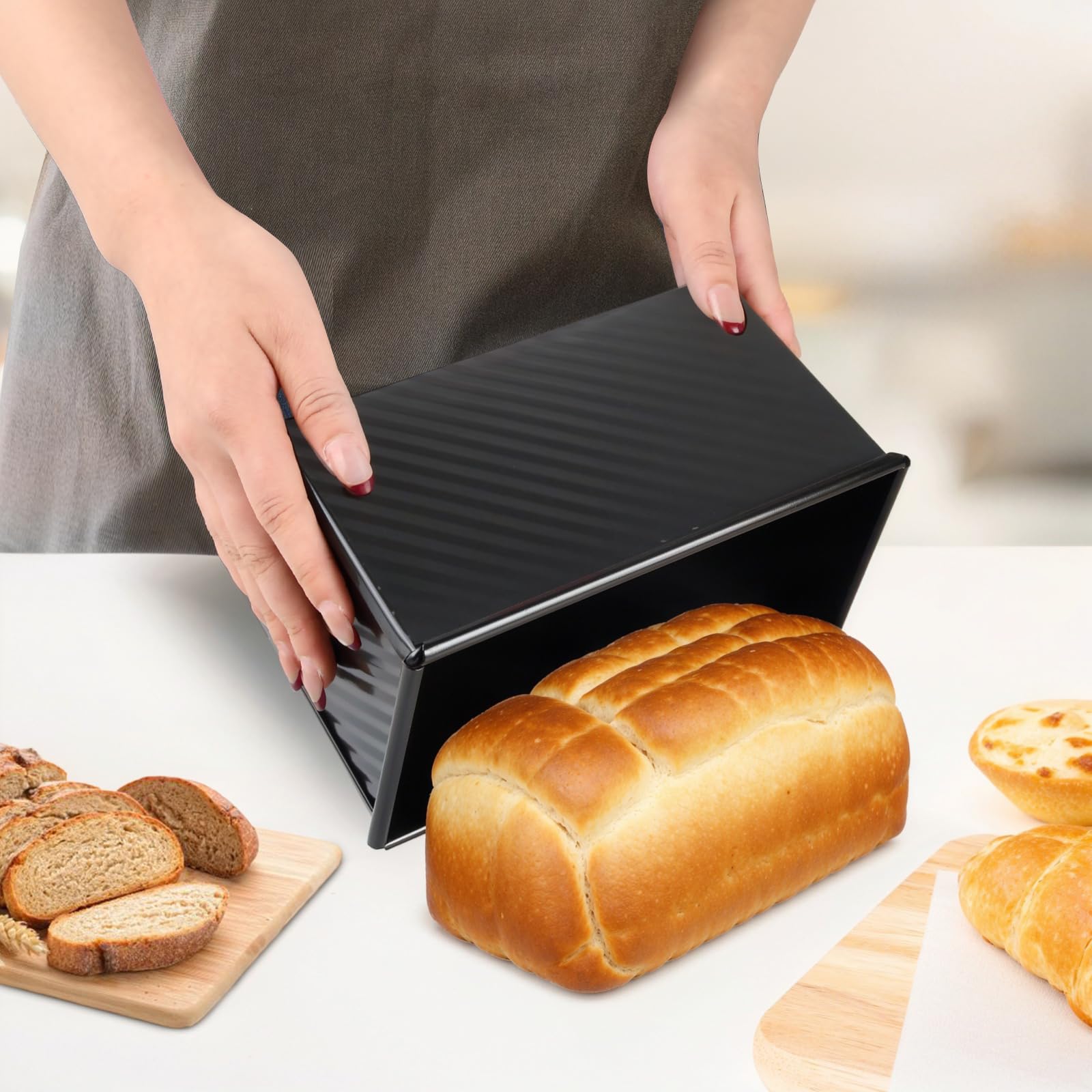 2 pièces moule à pain de mie acier carboné antiadhésif, couvercle inclus, ventilé, grattoir fourni, résistant à 220°C, patisserie