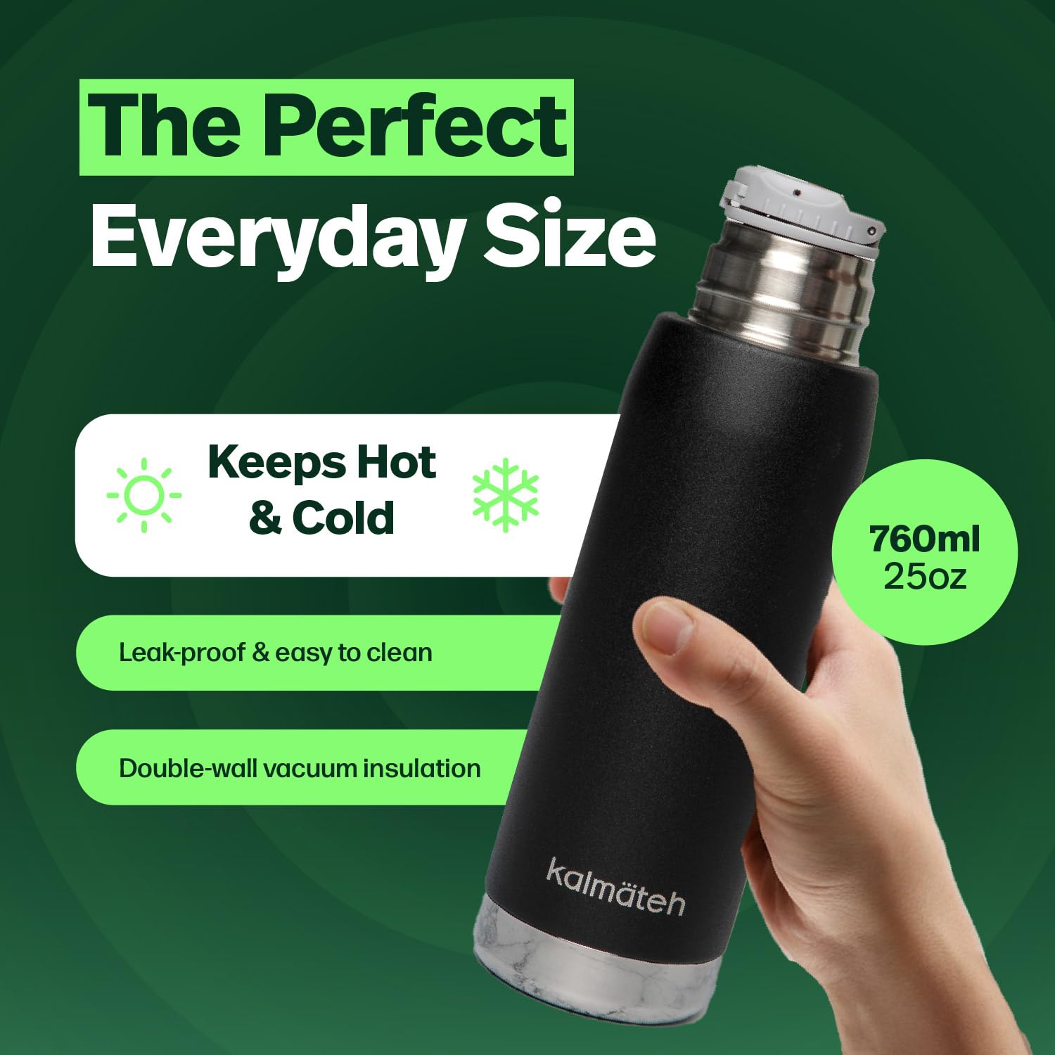 Kalmateh [NOWOŚĆ] Termos ze stali nierdzewnej z podwójnymi ściankami (760 ml) precyzyjne odlewanie i zatrzymywanie ciepła - do Yerba Mate, kawy, herbaty, kempingu (czarny)