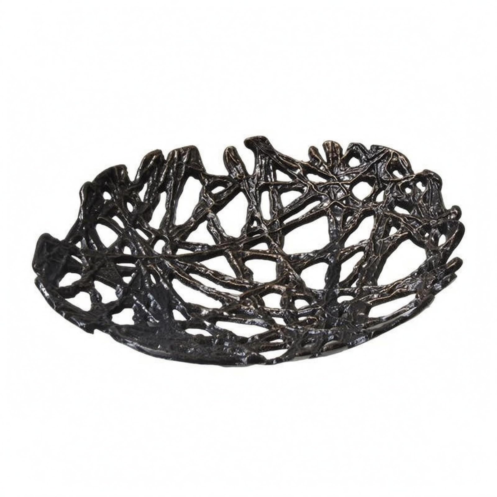 Vassoio Decorativo Alluminio Pressofuso Naturale Superficie Lavorata Arieggiata Organizer da Tavolo O Porta Frutta Decorativo Adatto per Consolle, Bronzo Nero Antico, Grande