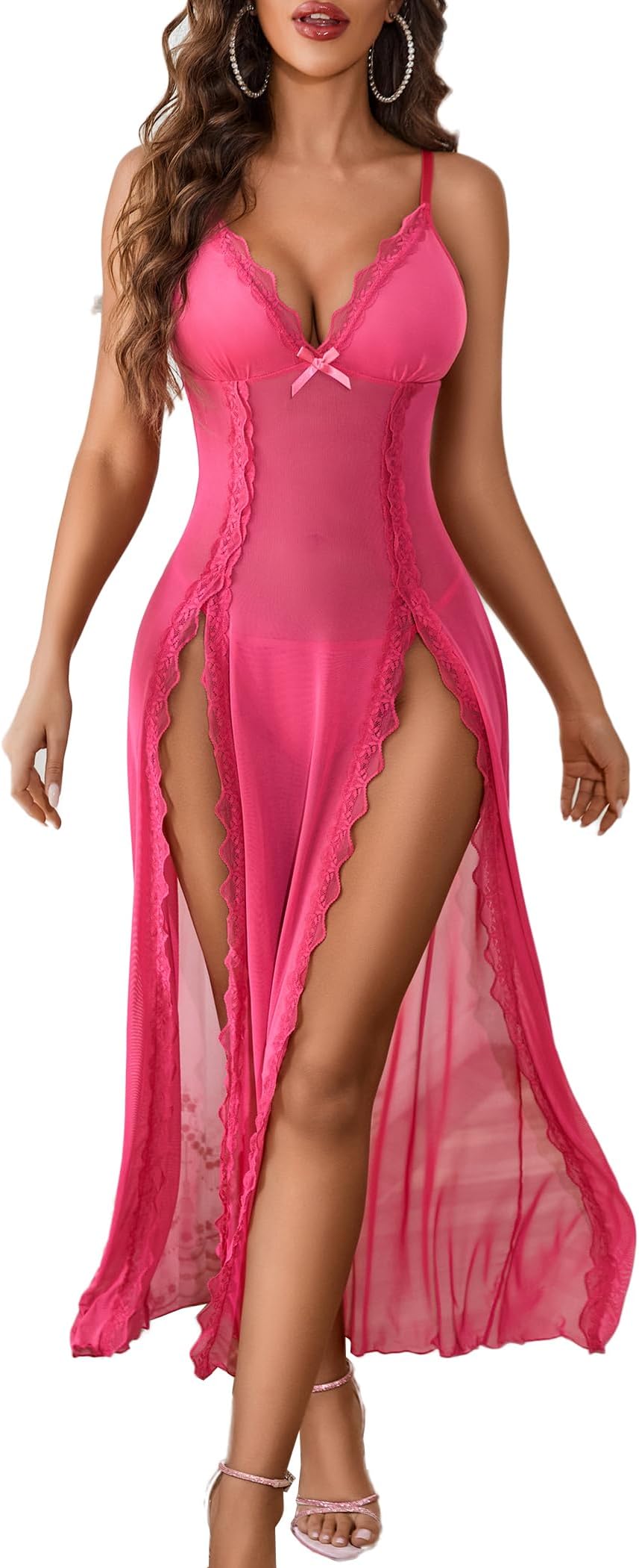 Avidlove Women Lingerie Lace Babydoll Chemise Sexy Mesh Nightdress V Neck Nightwear Side Split Nightgown