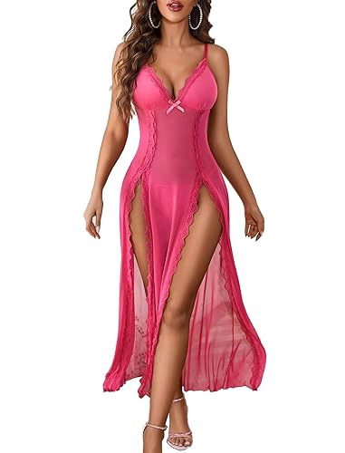 Avidlove Women Lingerie Lace Babydoll Chemise Sexy Mesh Nightdress V Neck Nightwear Side Split Nightgown - Rose Red - Small