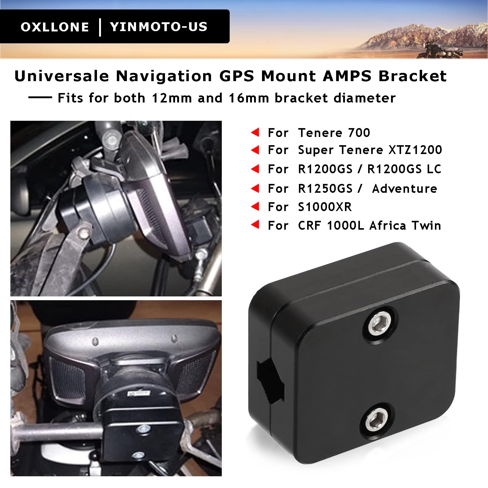 Soporte de navegación GPS para teléfono móvil de 12 mm/16 mm de diámetro para R1200GS LC ADV R1250GS S1000XR CRF1000L F800GS (negro)