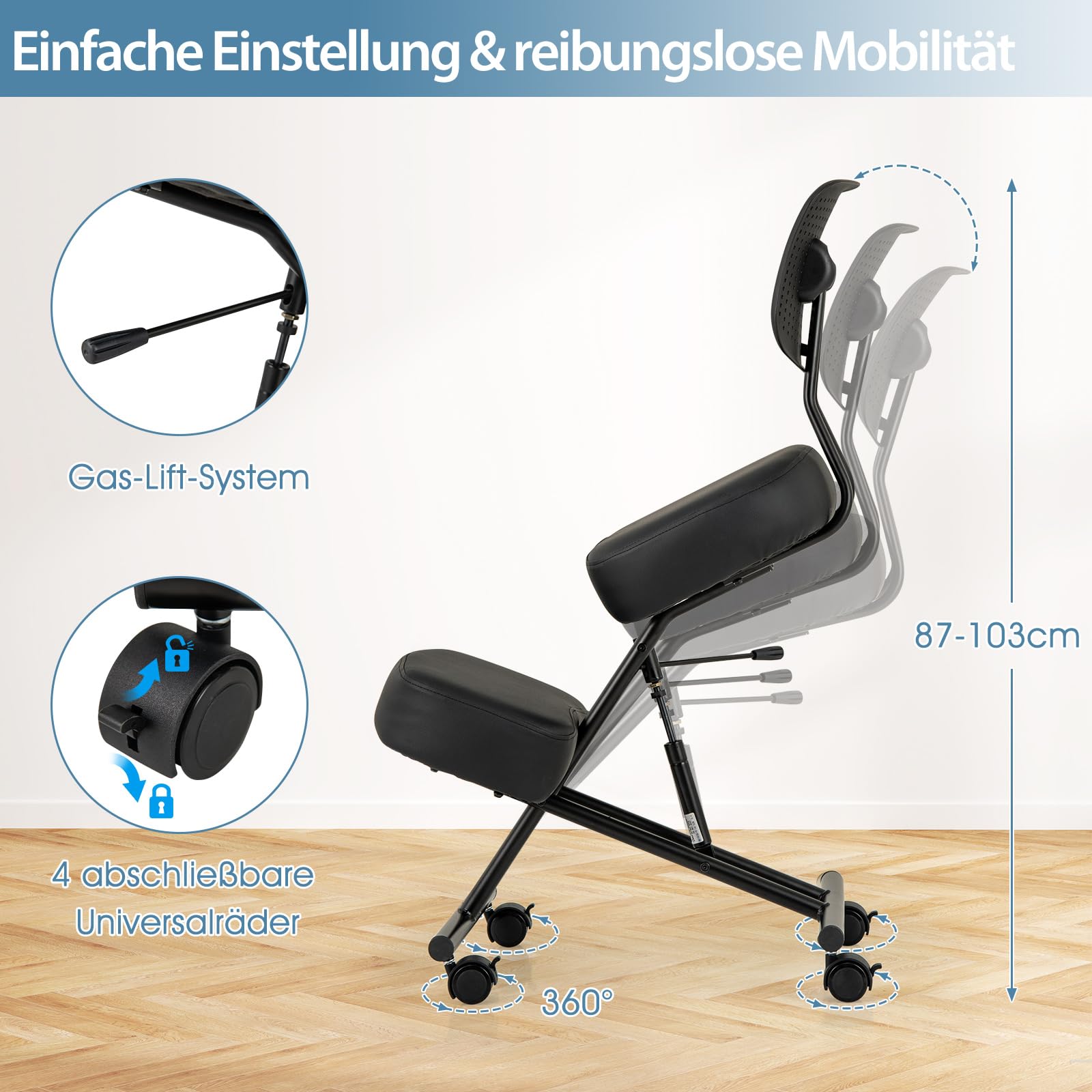 COSTWAY Ergonomischer Kniestuhl, Kniehocker mit schrägem Sitz zur Schmerzlinderung, Orthopädischer Bürostuhl mit feststellbaren Universalrollen, dick gepolsterte Kissen (mit Rückenlehne)
