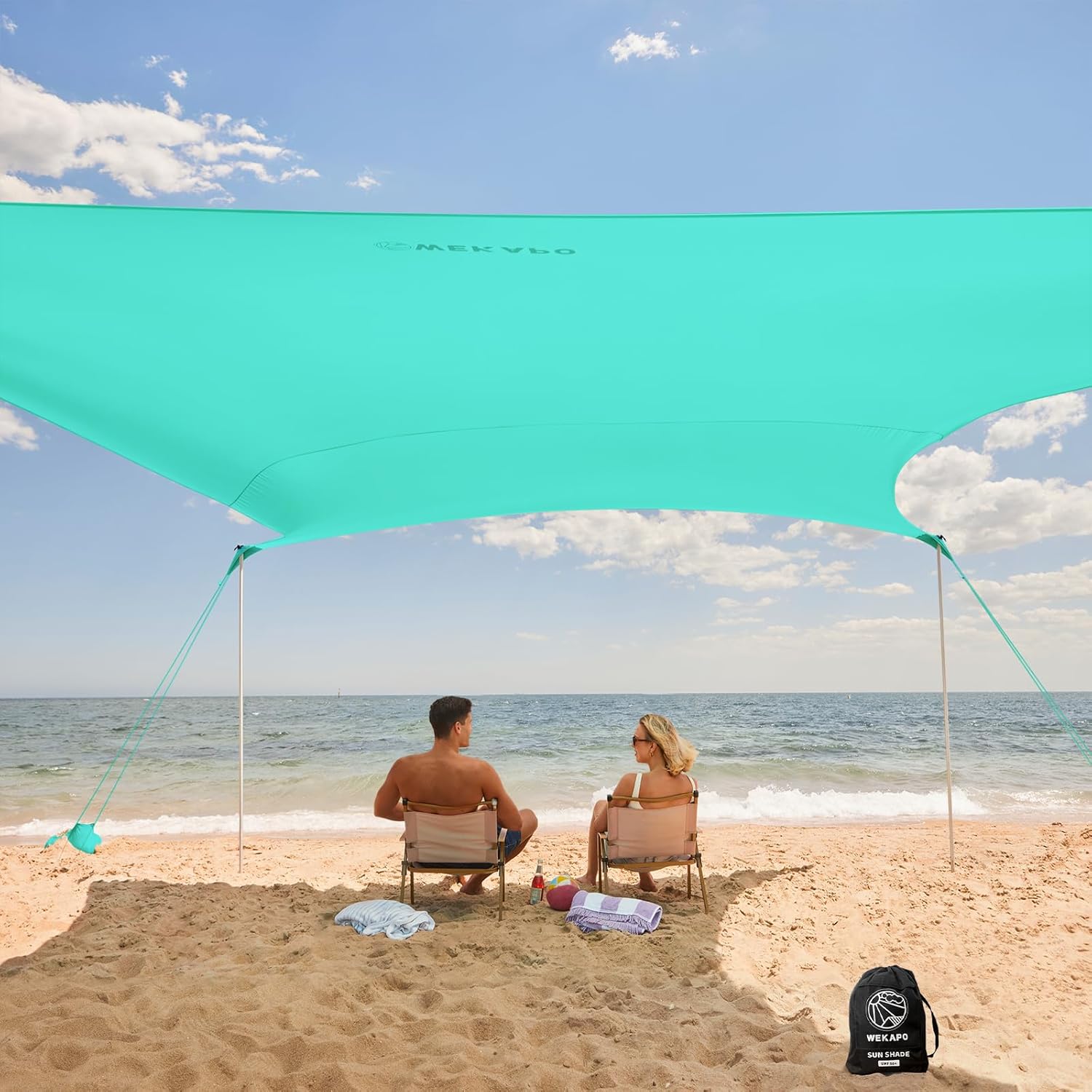 WEKAPO Beach Tent Sun Shelter – Easy Setup Beach Canopy with 4 Sturdy Poles, Large Sandbags and Shovel, 6’7” Tall, Windproof Sun Shade for Backyard and Camping, UPF 50+ Protection