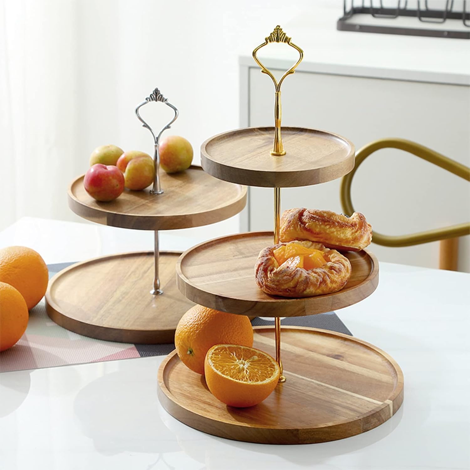 Tiered Stand Tower Wooden Multi-Layered Fruit Plate, Table Organizer with Metal Stand, Candy Plate for Afternoon Tea Dinner Party Big Birthday Tiered Tray Stand Dessert Tree Tower(Size:L,Color:Gold)