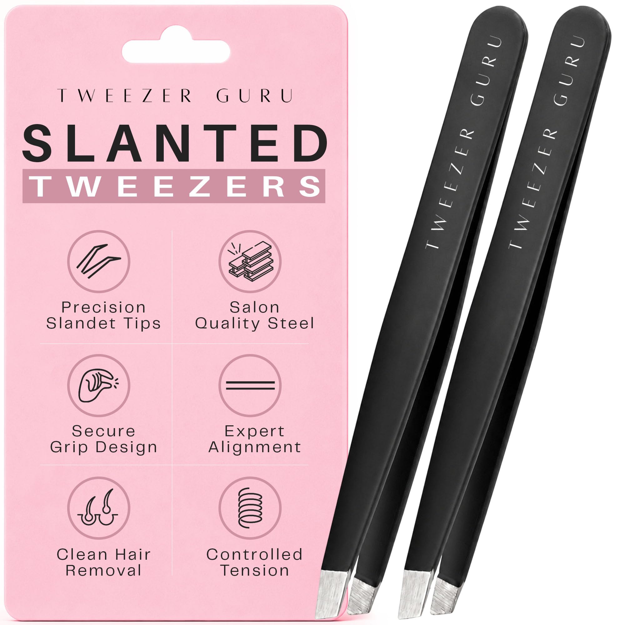 Tweezer Guru Tweezers for Women Facial Hair & Men – Precision Slant-Pointed Eyebrow Tweezer for Ingrown Hair, Blackhead & Splinter Removal (2 Black)