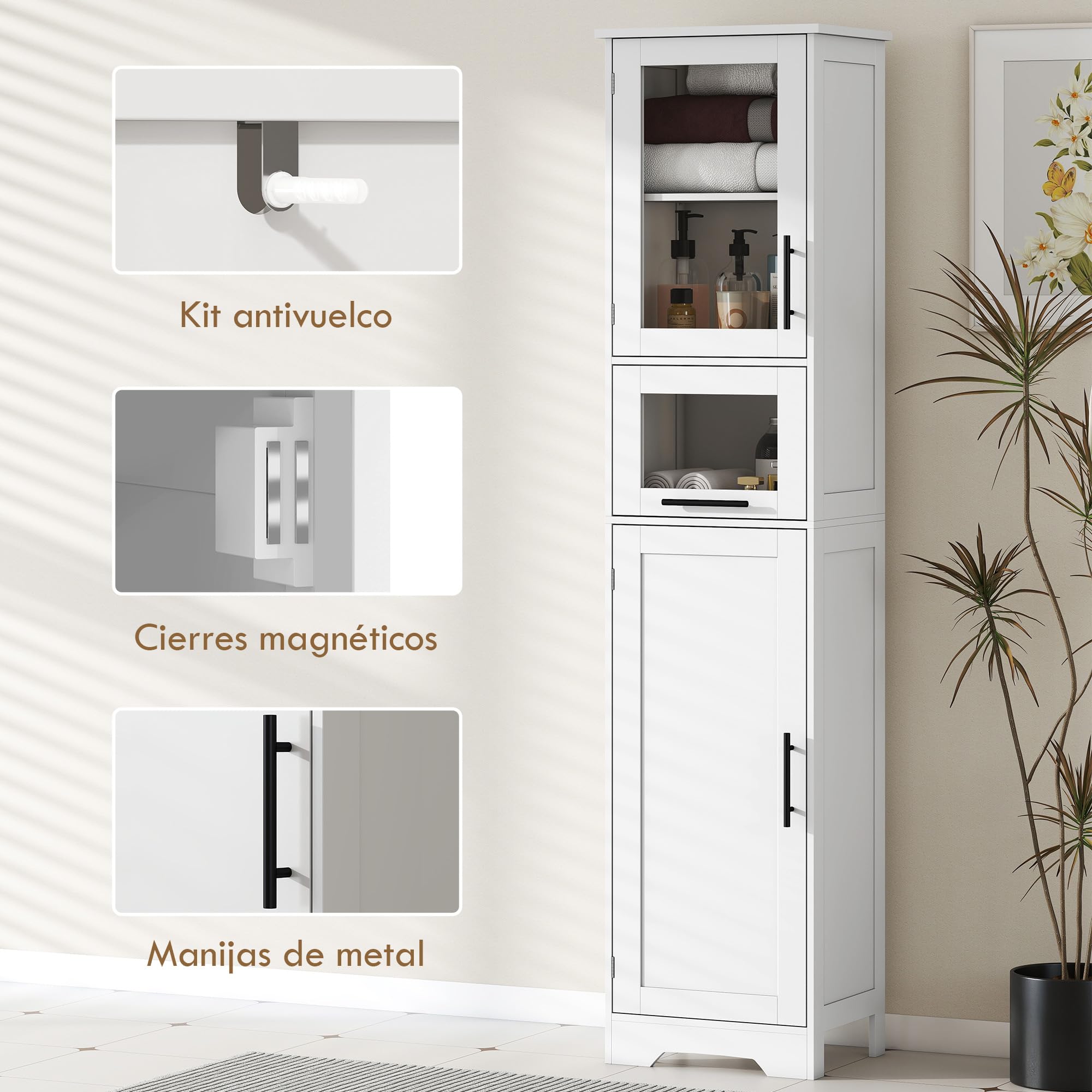 HOMCOM Armario de Baño Alto de Pie con Puerta Vidrio 40x31x170 cm Blanco | Mueble Auxiliar de Baño, Estantes Ajustables, Cajón, Columna Estrecha para Espacios Pequeños