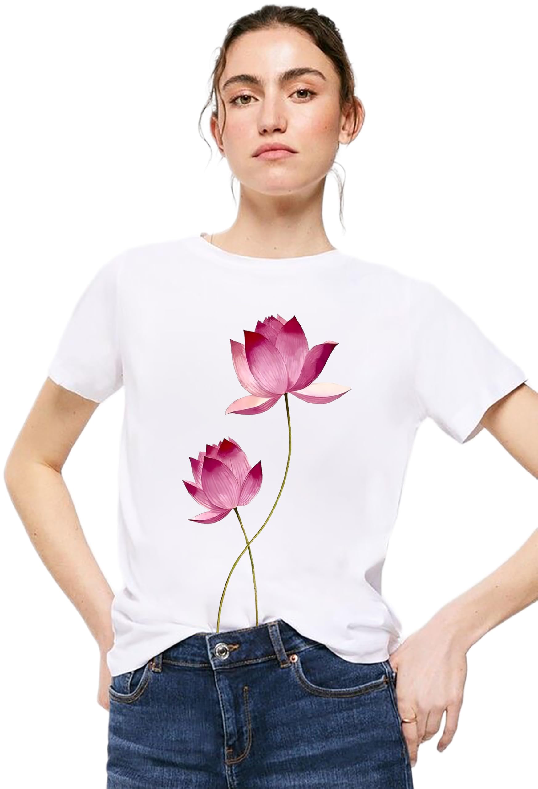 vlam Regular Fit Lotus Flower Print T-Shirt for Women | Trendy Floral T-Shirt for Women-picture-55
