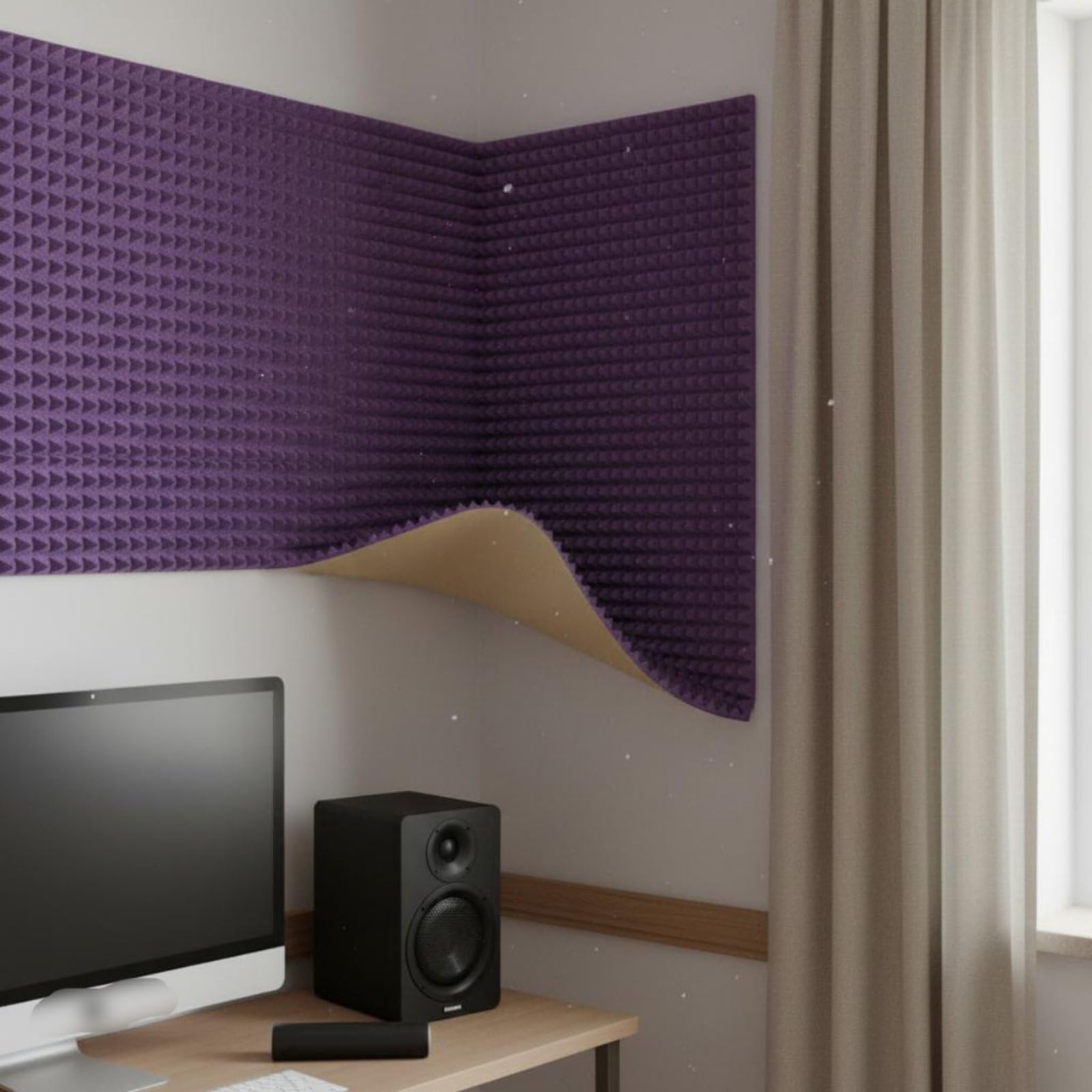 harayaa Panel de Algodón Insonorizado Absorbente Espuma Acústica Antirruido Aislante con Diseño de Que Reduce Reverberación en Poliuretano , Púrpura , 70mm