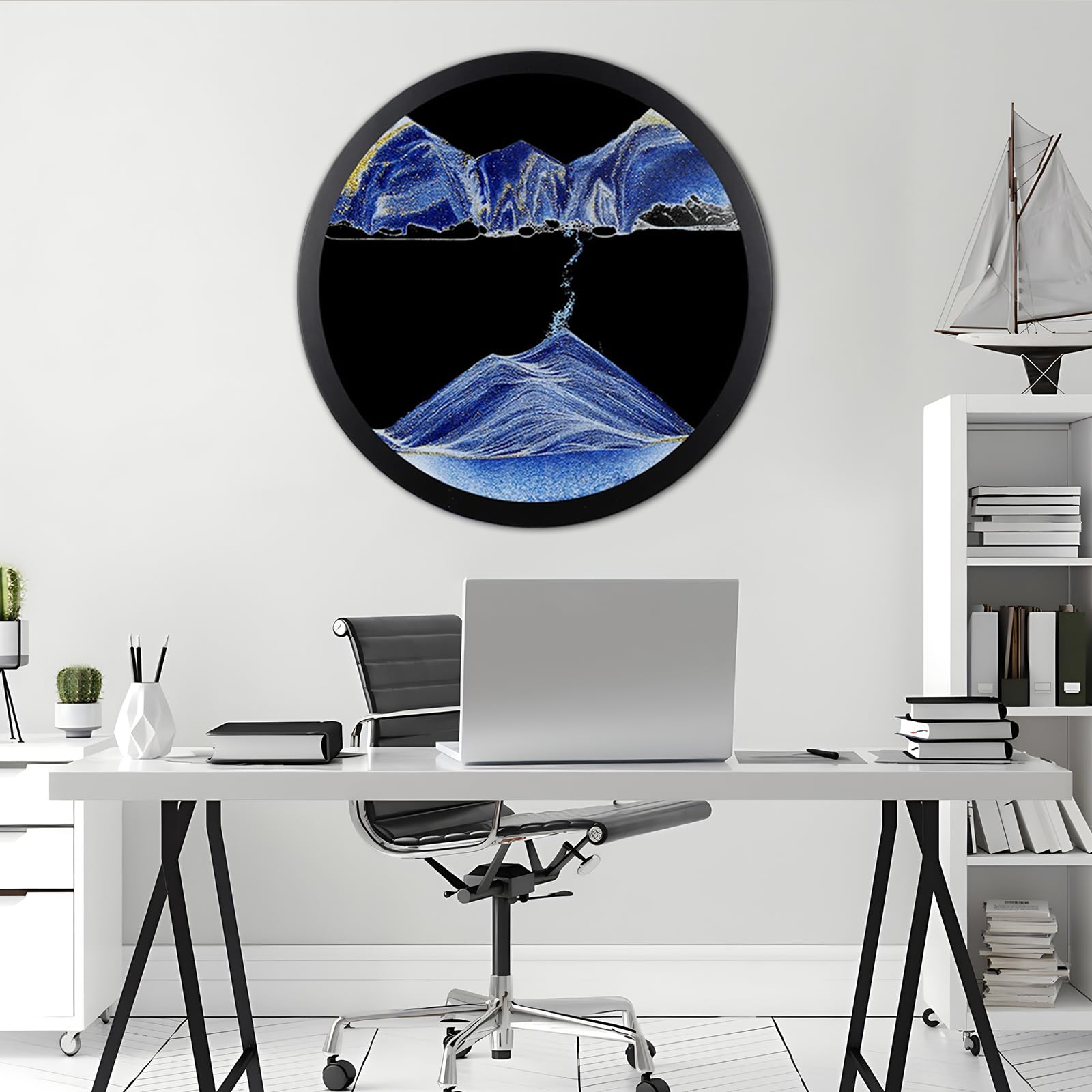 Cadre Sable Mouvant 3D - Sablier Décoratif Paysage Marin - Verre Rond, Cadre Bois - Détente Et Décoration - Pour Maison, Bureau, Café