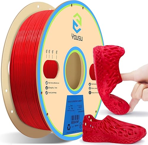 YOUSU Filamento flexible de impresora 3D de TPU, filamento de TPU rojo de 0.069 pulgadas (0.069 in), 2.2 lbs, precisión dimensional +- 0.001 in,