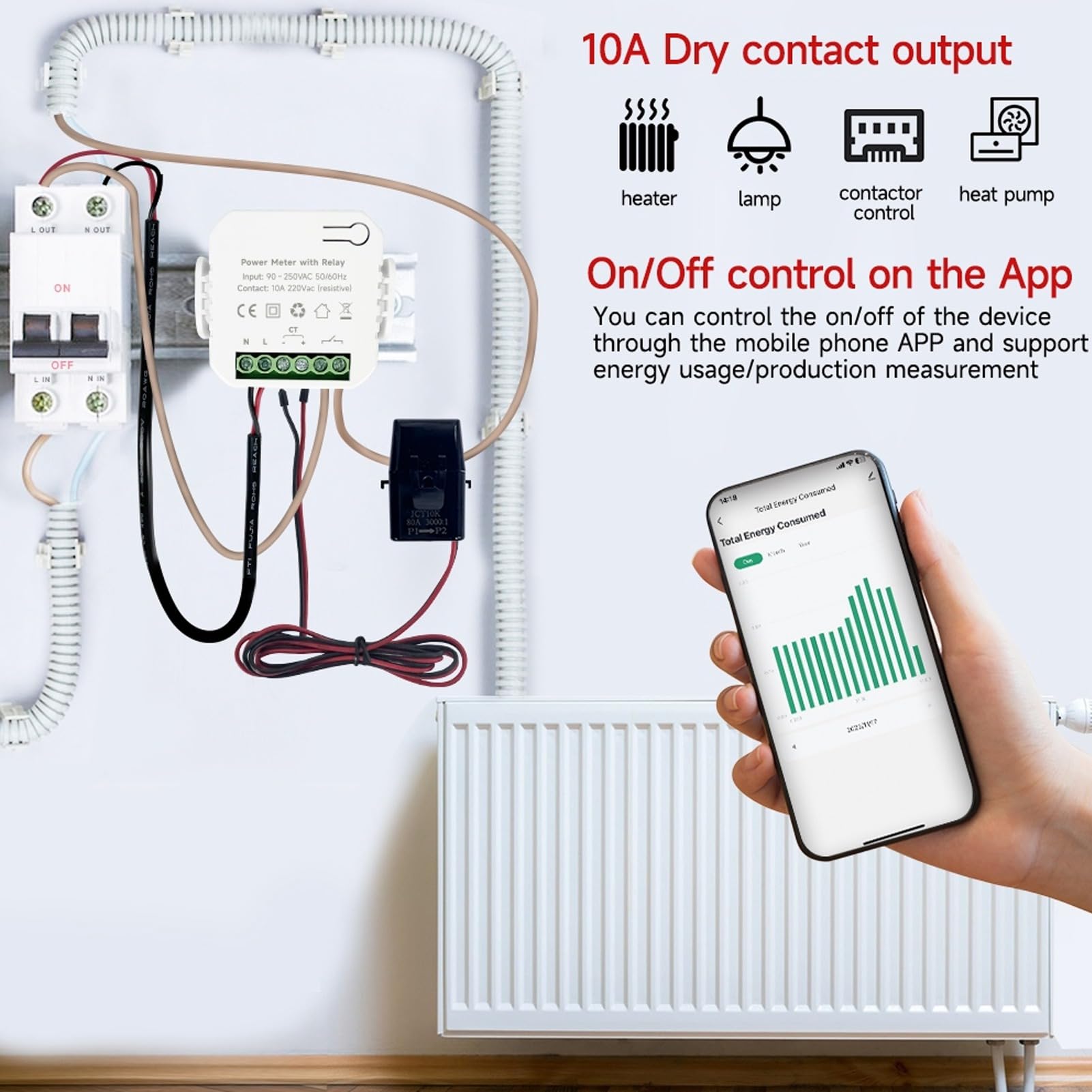 Medidor de energía inteligente WiFi con abrazadera de transformador de corriente CT de 80 A, monitor de consumo de energía monofásico de 90-250 VCA con relé para