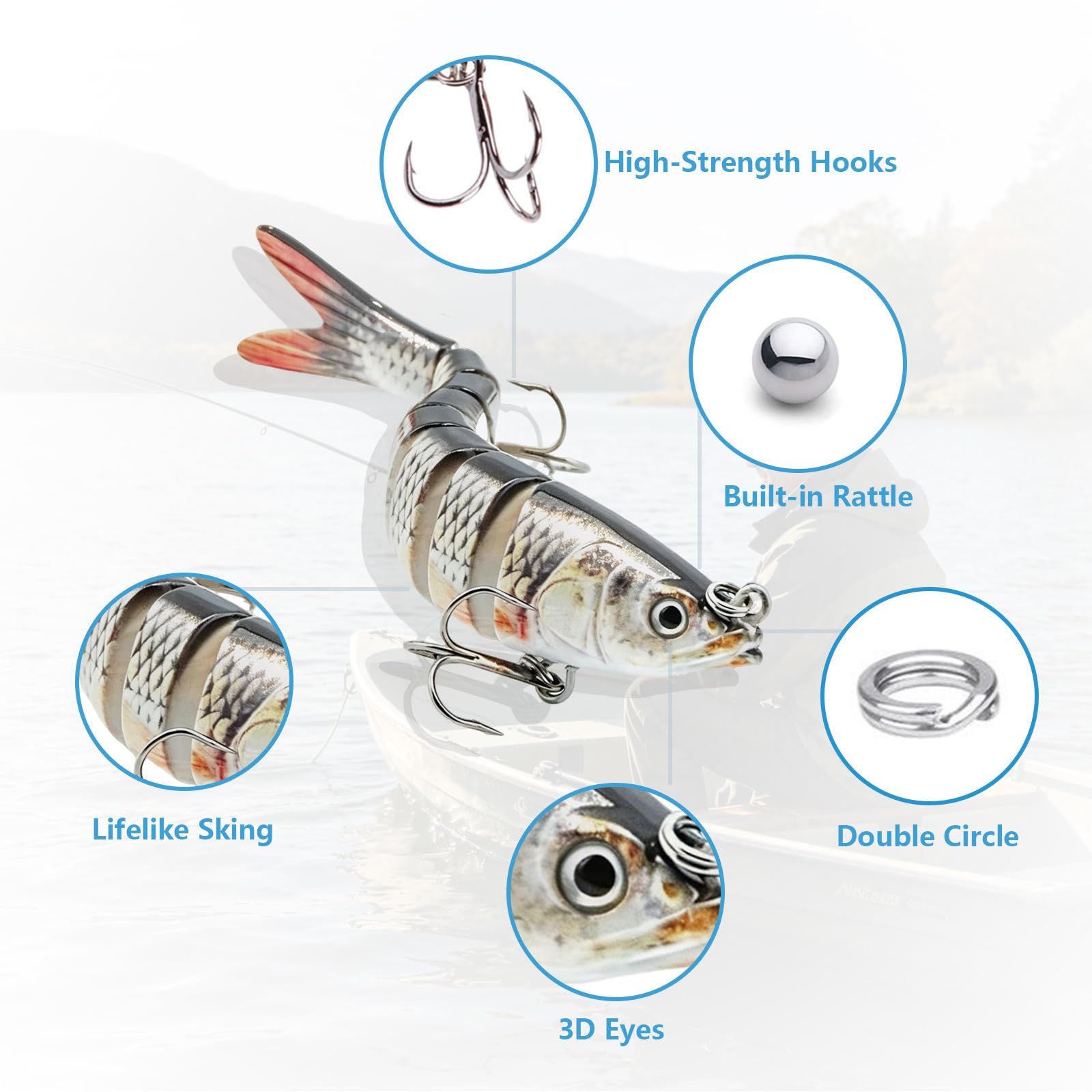 Lebensechte Angelköder für Barsch, Hecht, Zander, Crappie, Jointed Swimbaits, langsam sinkende Angelköder für Süß- und Salzwasser, mit Angelbox, tolles Geschenk für Männer und Familie, 6 Stück