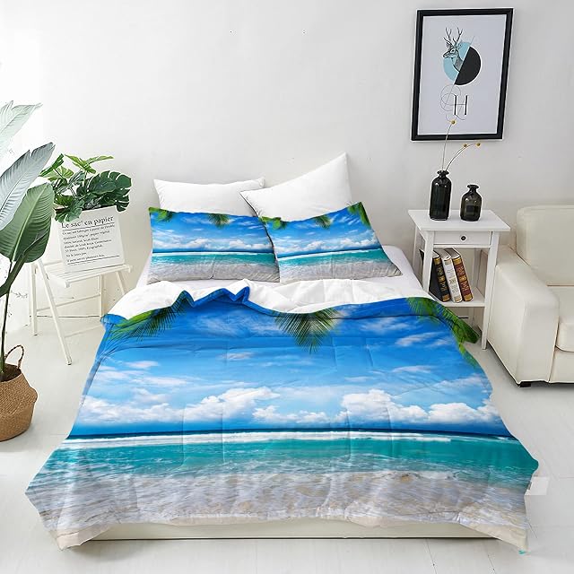 ANHOPE Beach Duvet Cover Set Soft Comforter Cover Set with Tropical Ocean Palm Tree Print Pattern 3 Piece Bedding Set with Pillowcase All Season Quilt Cover with Zipper for Kids Adults Single Size