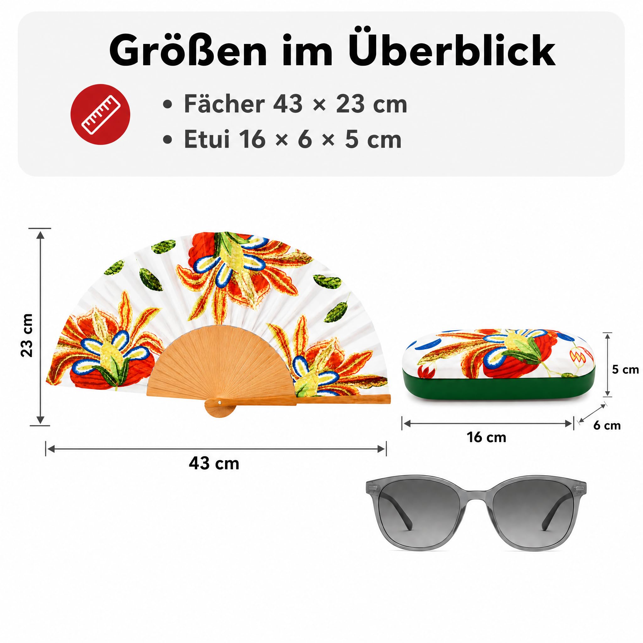 Handfächer & Brillenetui Set Anna, Blumen Muster, Geschenkset Frauen | Faltbarer Handfächer mit Holzgestell und passendes Hartschalen-Brillenetui im Blumen Design – als Muttertagsgeschenk