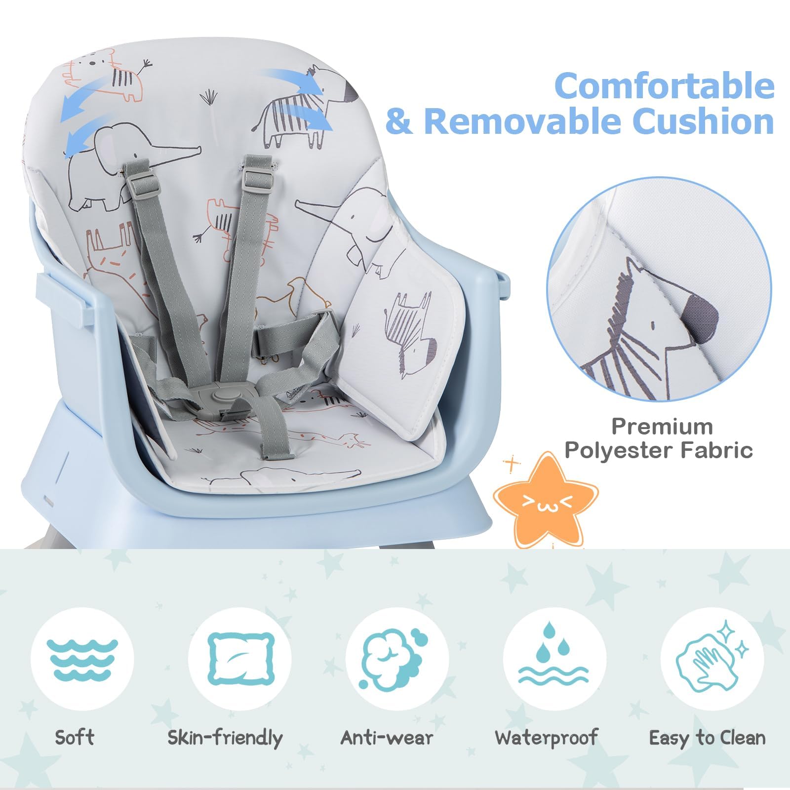 LIFEZEAL Trona para Niños de Polipropileno, Capacidad de Carga de 25 kg, Silla para Niños con Bandeja y Funda de Tela Extraíble, Trona Combinada con Cinturón de Seguridad, 7-36 Meses (Azul)