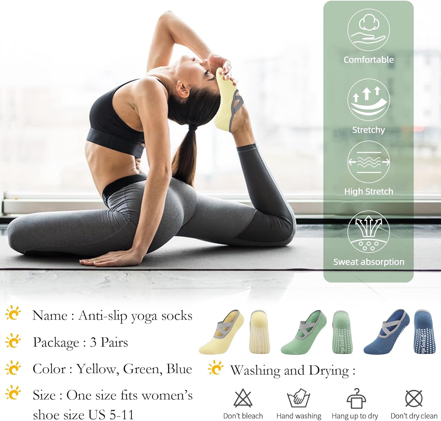 Marsolina Yoga Pilates Grip Socks for Women-Non Slip Grip & Straps for Training, Home, Hospital, Barefoot-Morandi Yellow - Image 7