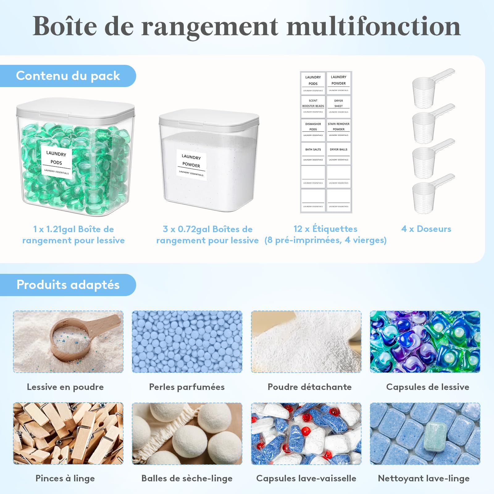 Lifewit Rangement Lessive Liquide en Capsules avec étiquettes et Cuillères, Récipient pour Poudre à Lessive avec Couvercle à Pression, Boîtes et Flacons de Salle de Bain, 2700 ml ×3+4500 ml, 4 Pièces