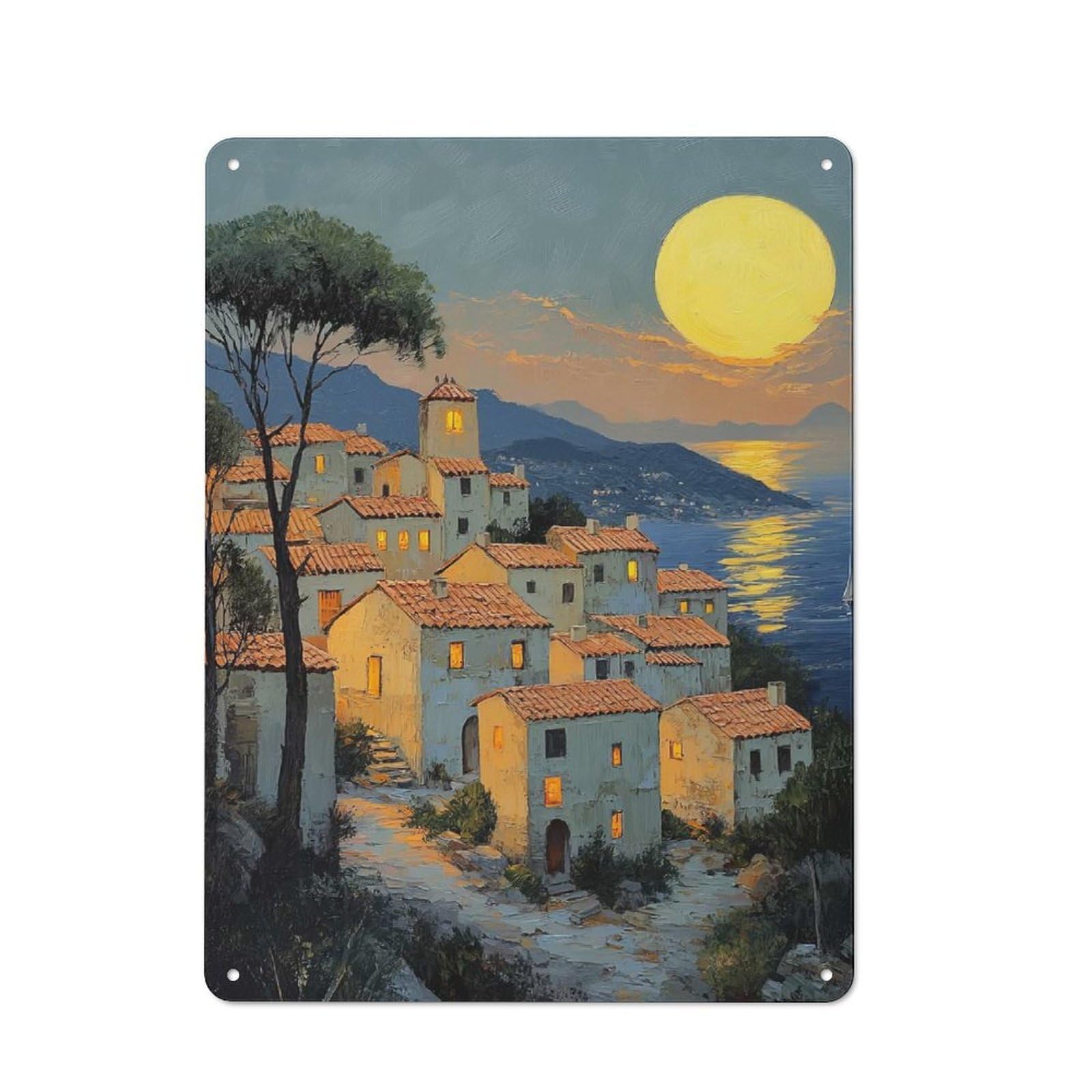 Junmoney Style-12 Workshop Style Garage Metal Sign 40X30cm Featuring Mediterranean Village Sunset, Industrial Wall Art For Garage, Hobby Room, Office Or Man Cave
