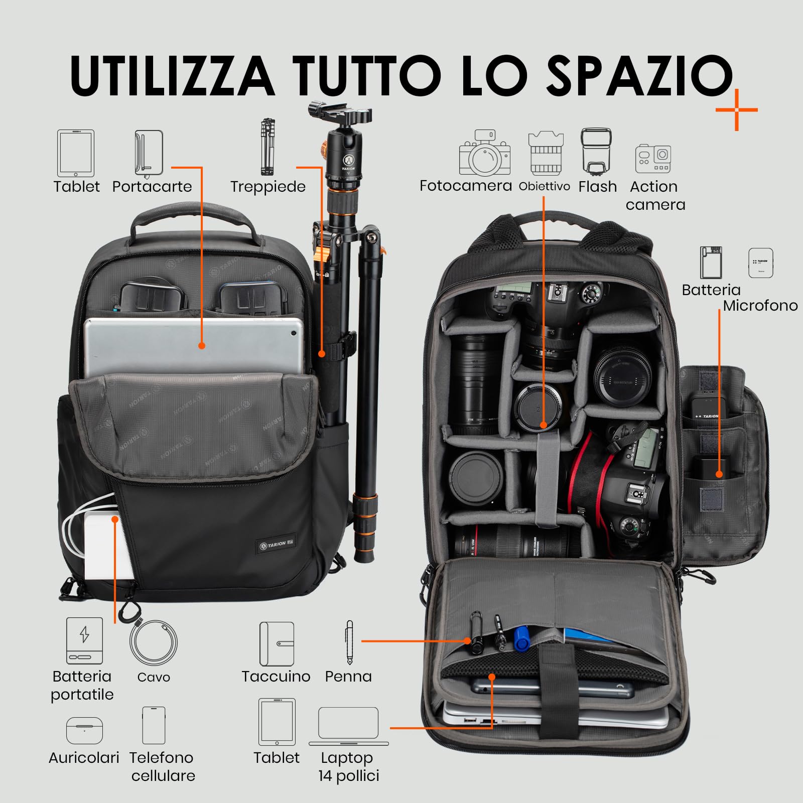 TARION TR-L Zaino Impermeabile per Fotocamera Con Scomparto per Laptop da 14'', Professionale di Grande Capacità Con Copertura Antipioggia