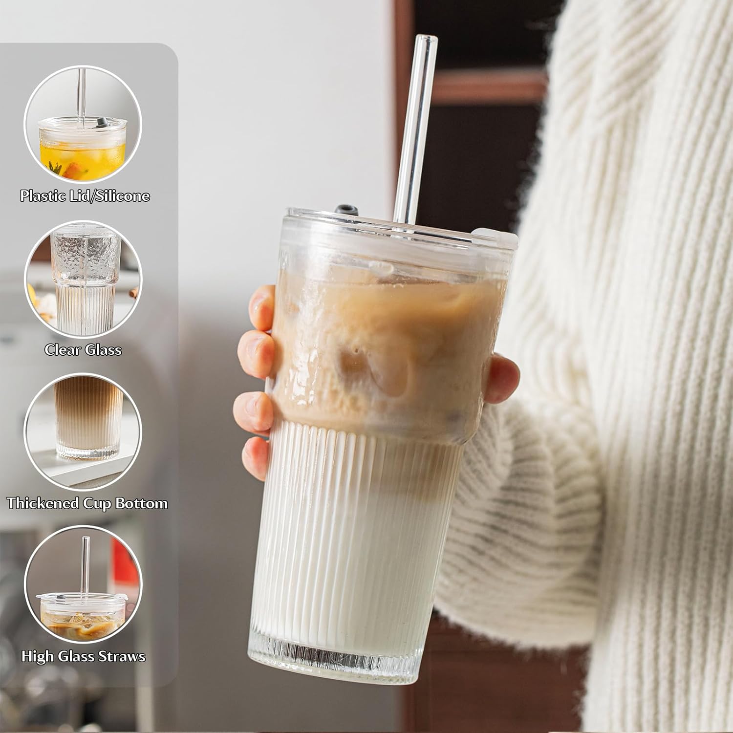 INSETLAN 530ml Glass Cups with Straws & Straw Cleaner, Set of 4, Clear Ribbed Drinking Glasses with Plastic Lids for Water, Juice, Iced Coffee & Smoothies, Dishwasher Safe - Image 3