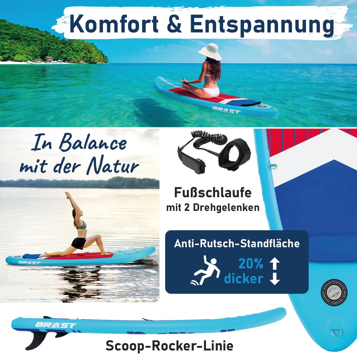BRAST SUP Board Turtle | Aufblasbares Stand up Paddle Set | 320x81x15cm | 4 Designs | 5 Jahre Garantie | inkl. Sonderzubehör