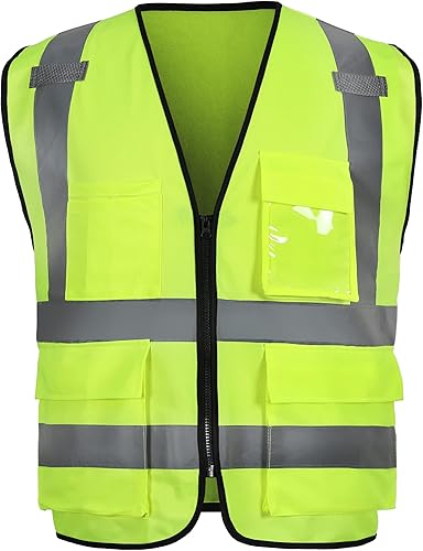 sesafety Chaleco de seguridad reflectante con bolsillos y cremallera, chaleco de construcción de alta visibilidad, chaleco Hi Vis, negro, M